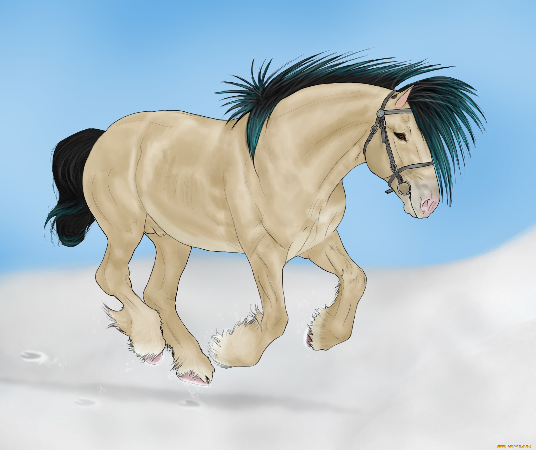 рисованное, животные, , лошади, снег, фон, лошадь