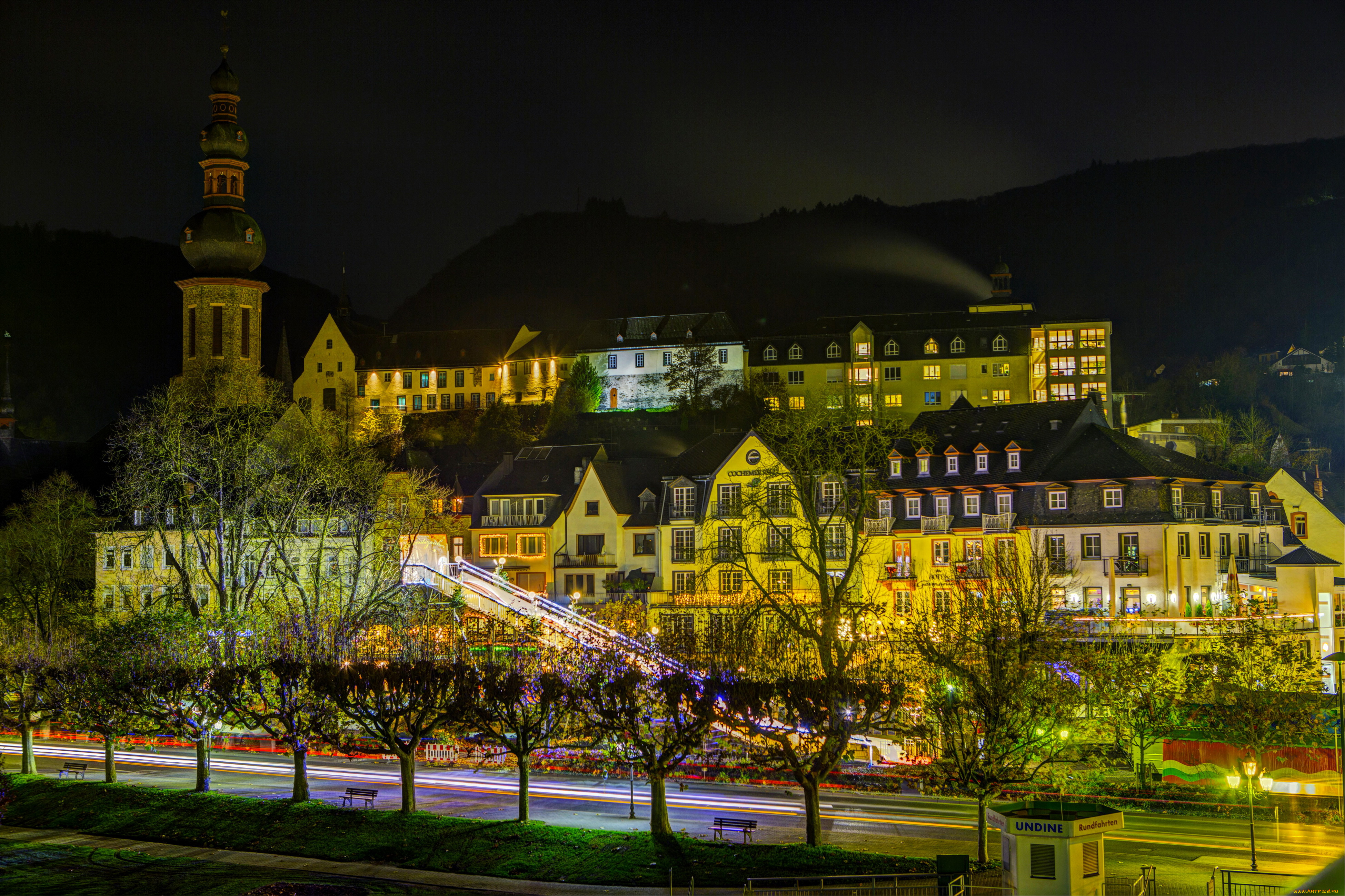 города, кохем, , германия, ночь, дома, cochem, огни