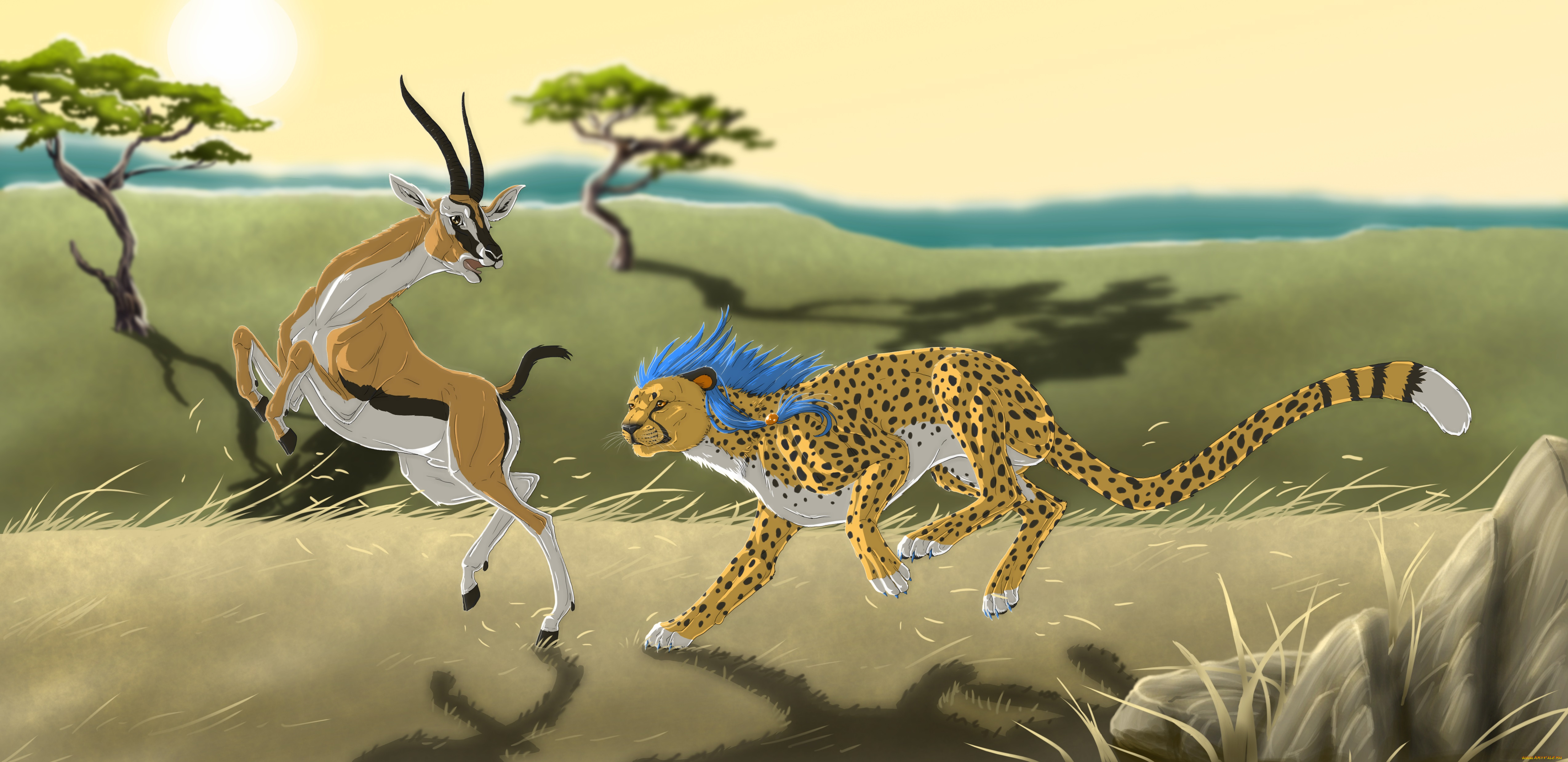 рисованное, животные, савана, антилопа, леопард