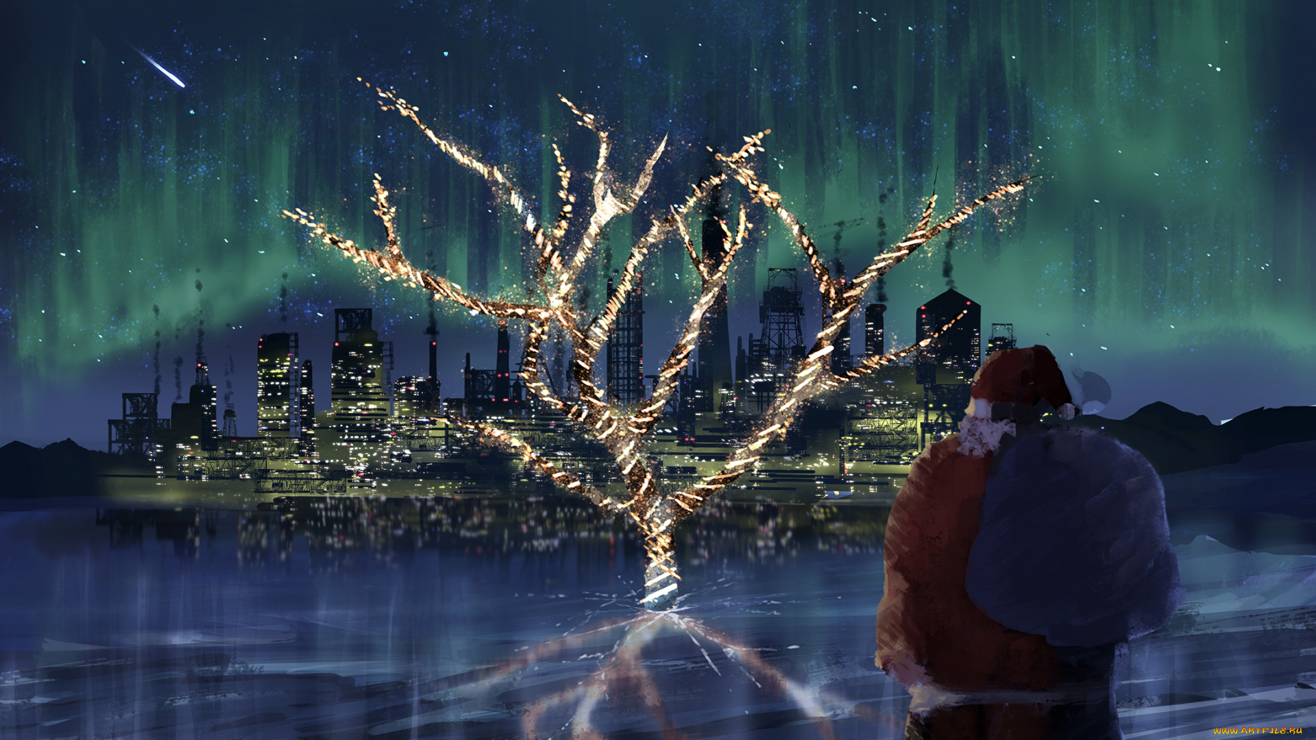 аниме, зима, , новый, год, , рождество, город, дерево, дед, мороз, санта