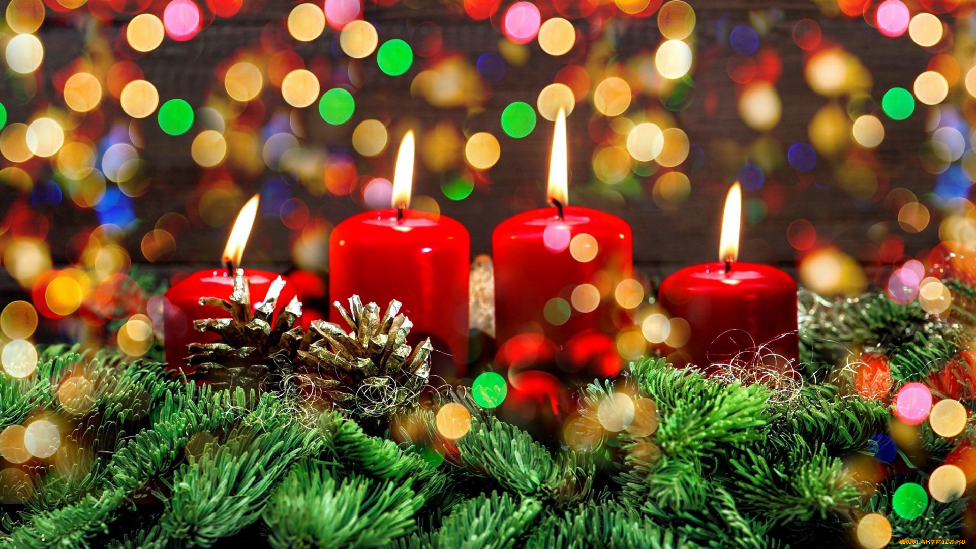 праздничные, новогодние, свечи, свечи, огоньки, шишки