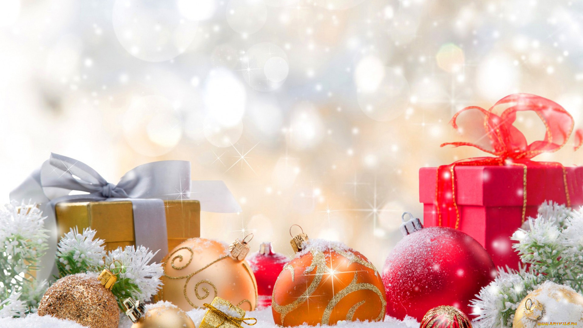 праздничные, подарки, и, коробочки, шарики, снег, банты, подарки