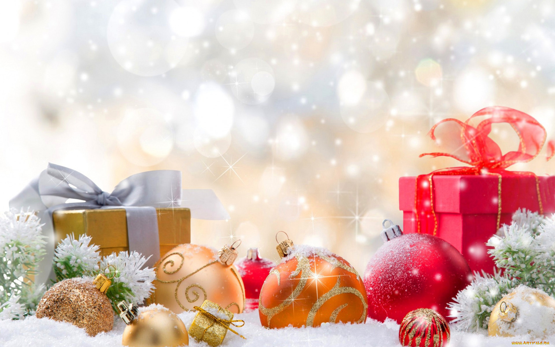 праздничные, подарки, и, коробочки, шарики, снег, банты, подарки