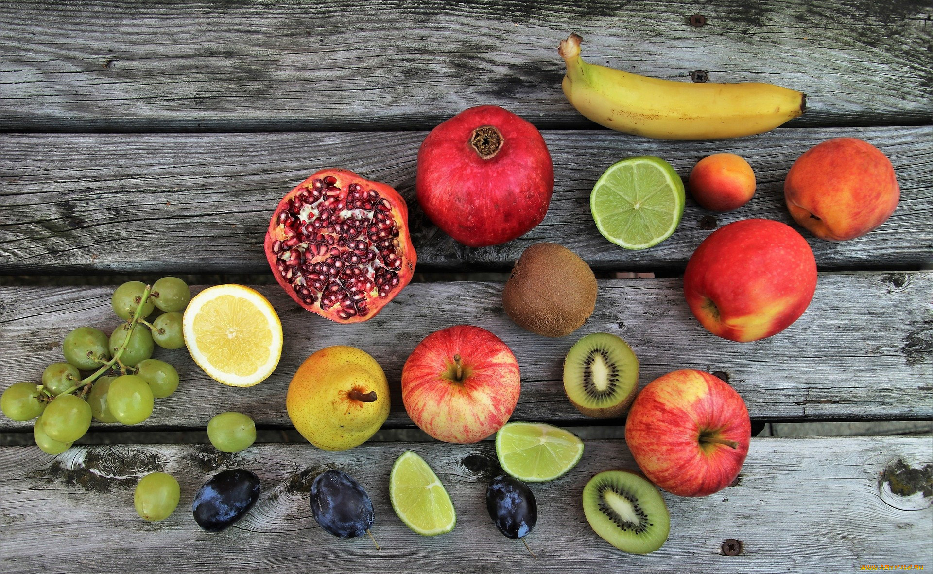 еда, фрукты, , ягоды, гранат, банан, киви, виноград, сливы, яблоки