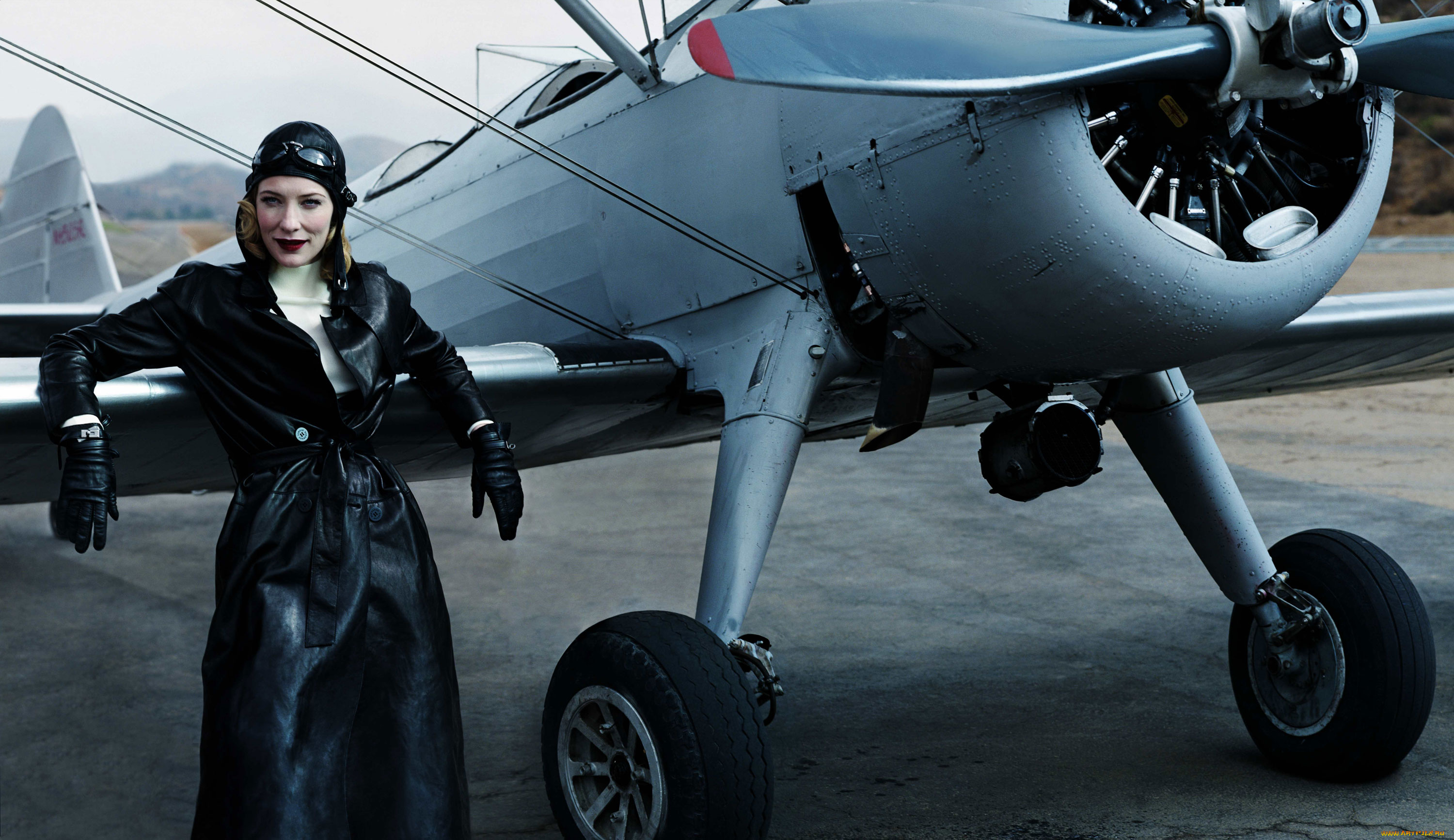 Cate, Blanchett, девушки, очки, шлем, плащ, самолет, актриса