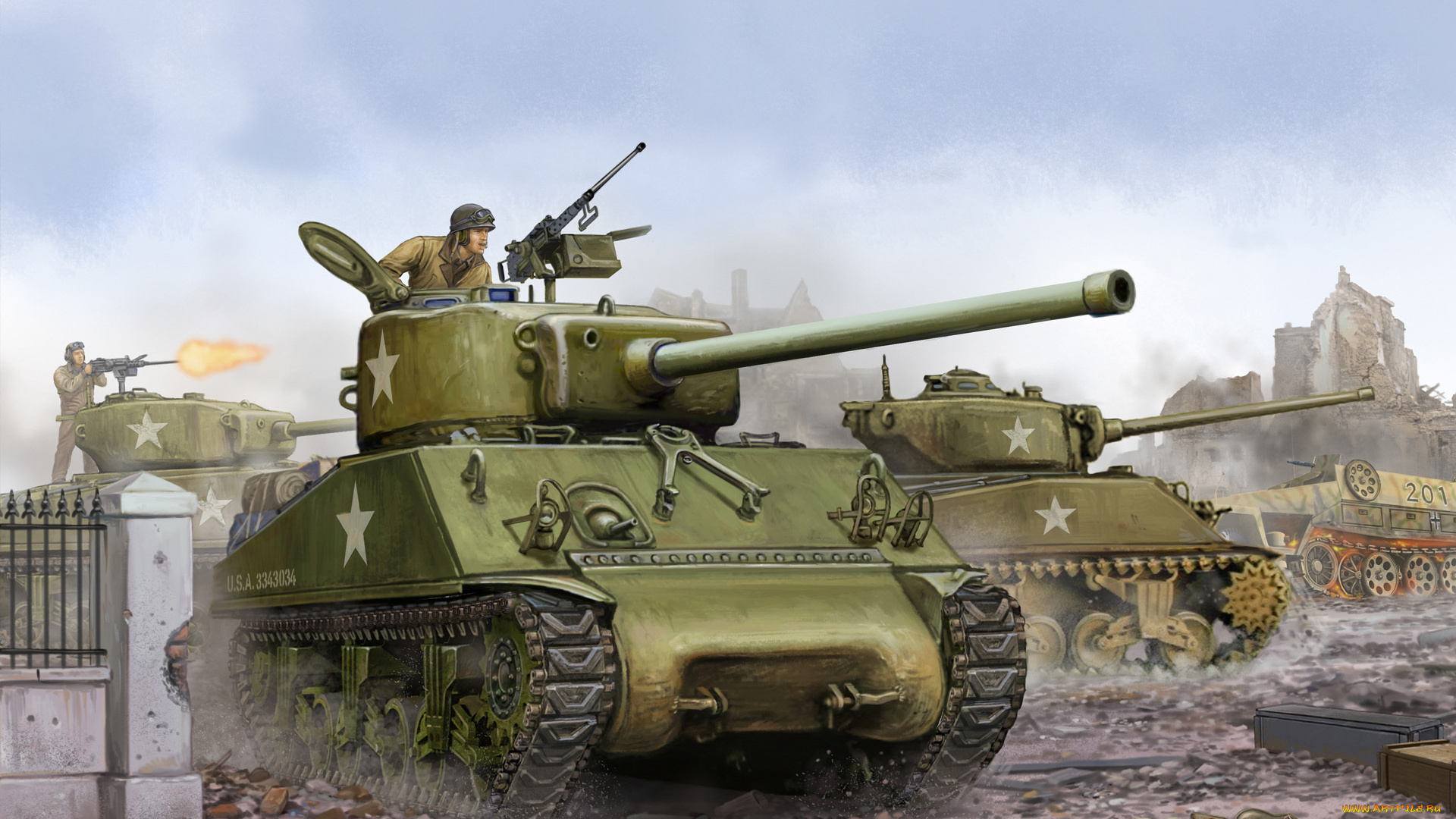 рисованные, армия, основной, 76mm, sherman, m4a3, танк, средний, американский