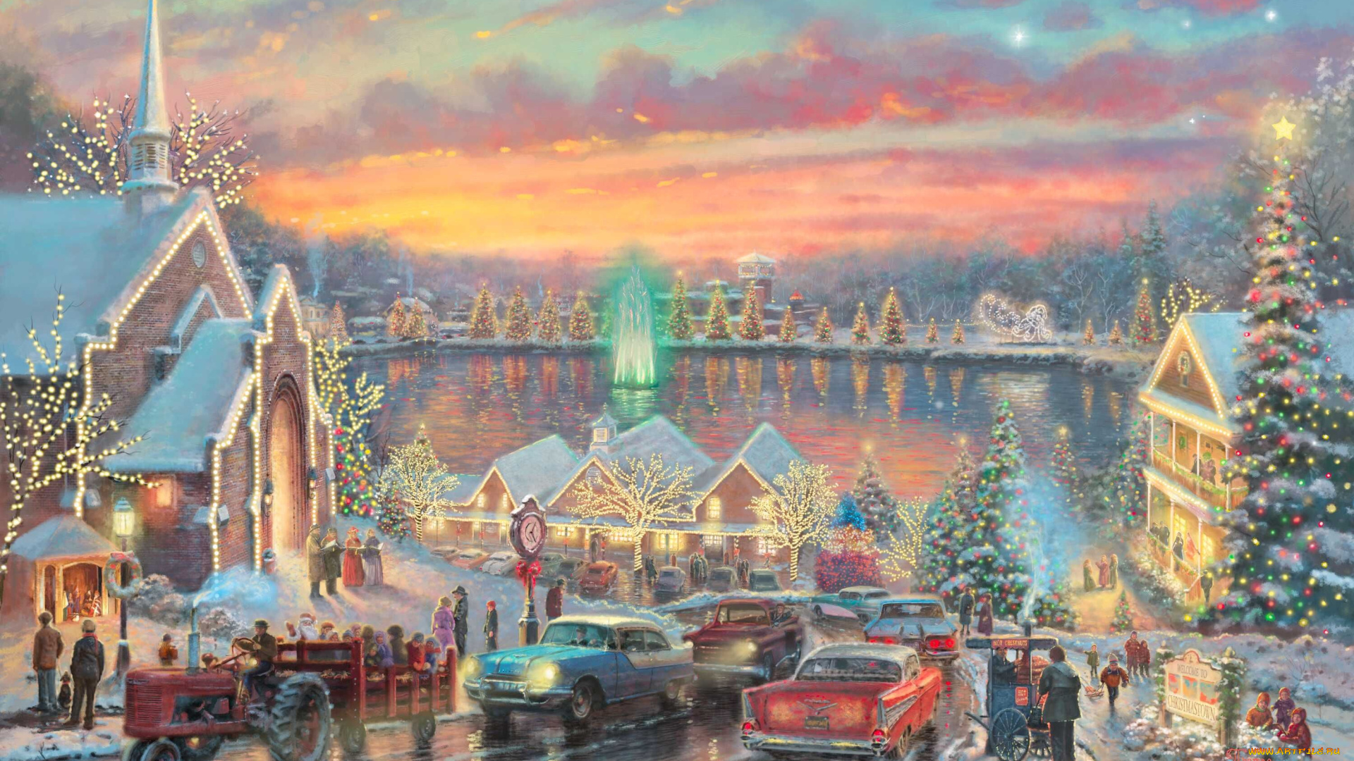 the, lights, of, christmastown, рисованные, thomas, kinkade, люди, рождество, северная, каролина, городок, автомобиль, елка