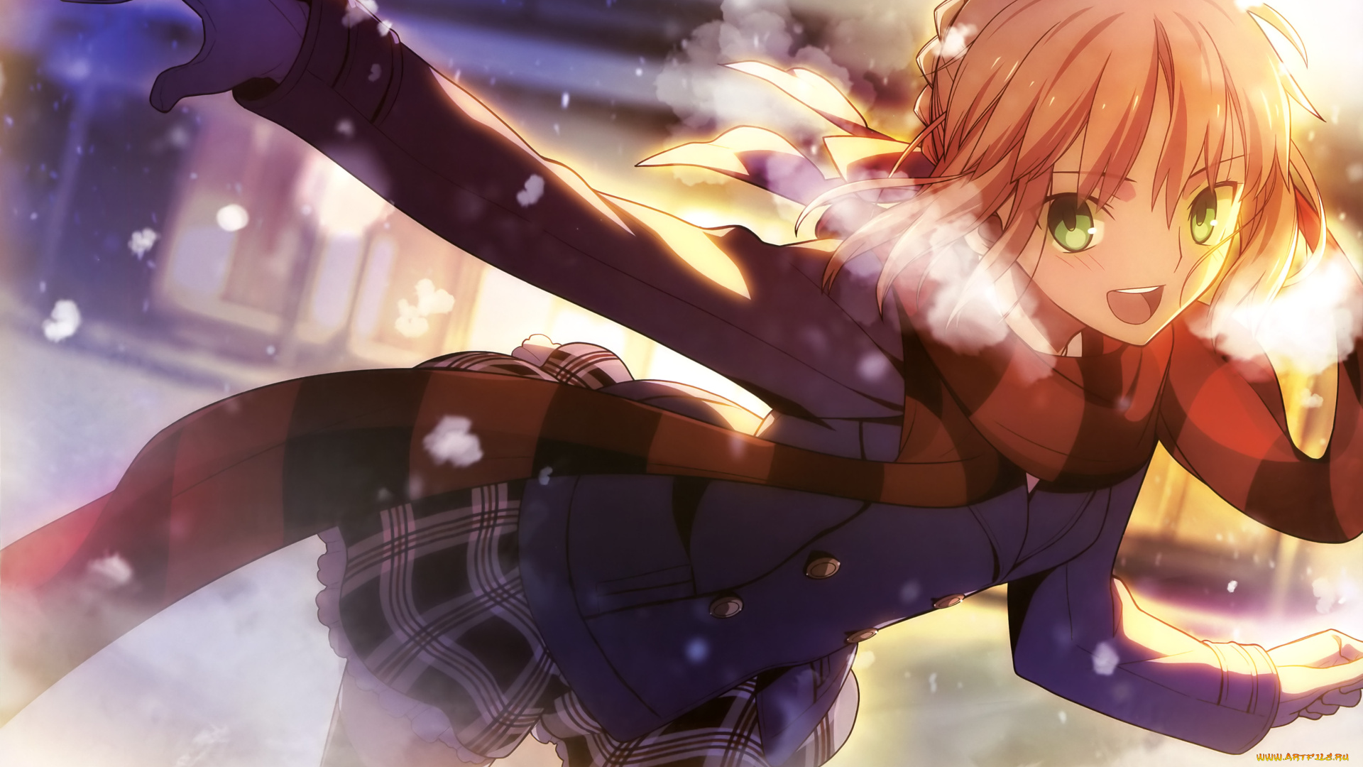 by, takeuchi, takashi, аниме, fate, stay, night, свет, солнце, снег, шарф, saber, девушка, има, улыбка, улица, дыхание