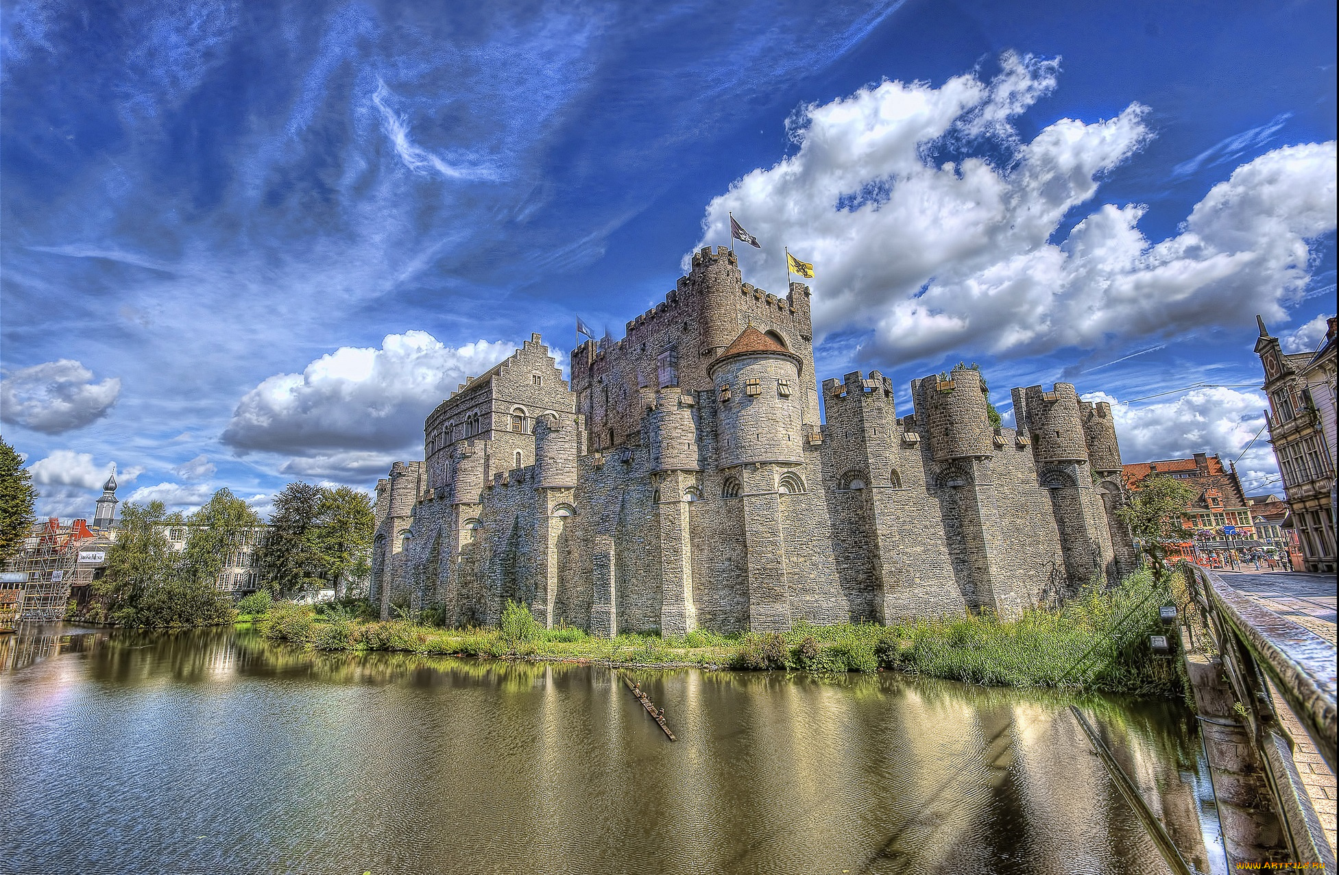 gent, , gravensteen, города, -, дворцы, , замки, , крепости, замок, облака, река, мост