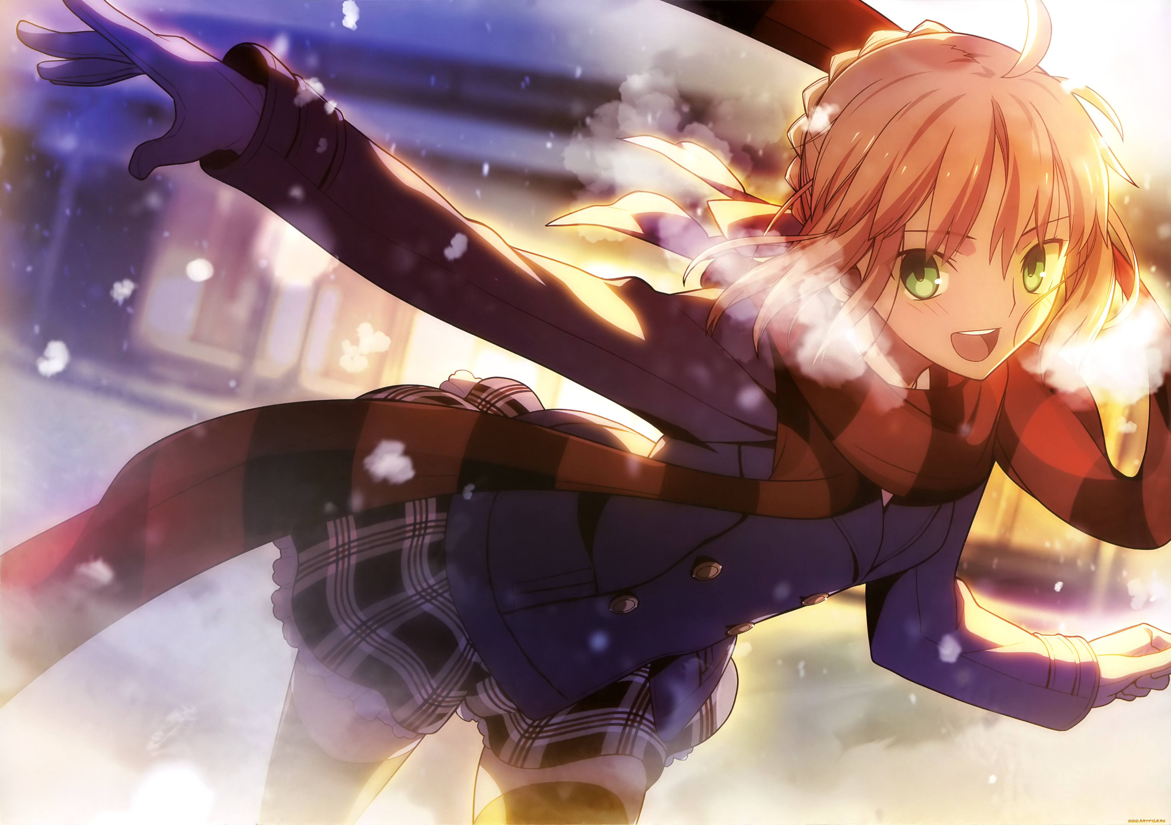 by, takeuchi, takashi, аниме, fate, stay, night, свет, солнце, снег, шарф, saber, девушка, има, улыбка, улица, дыхание