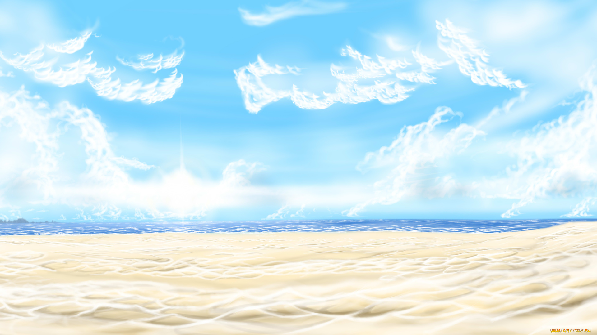рисованное, природа, песок, море, небо