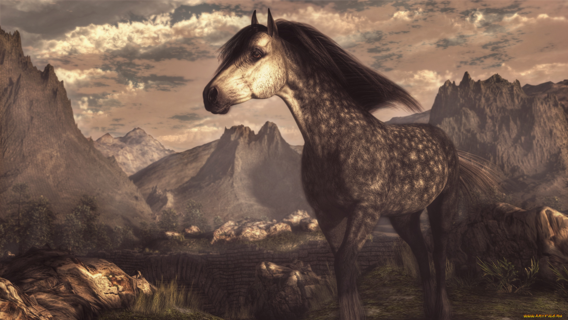 рисованное, животные, , лошади, лошадь, горы