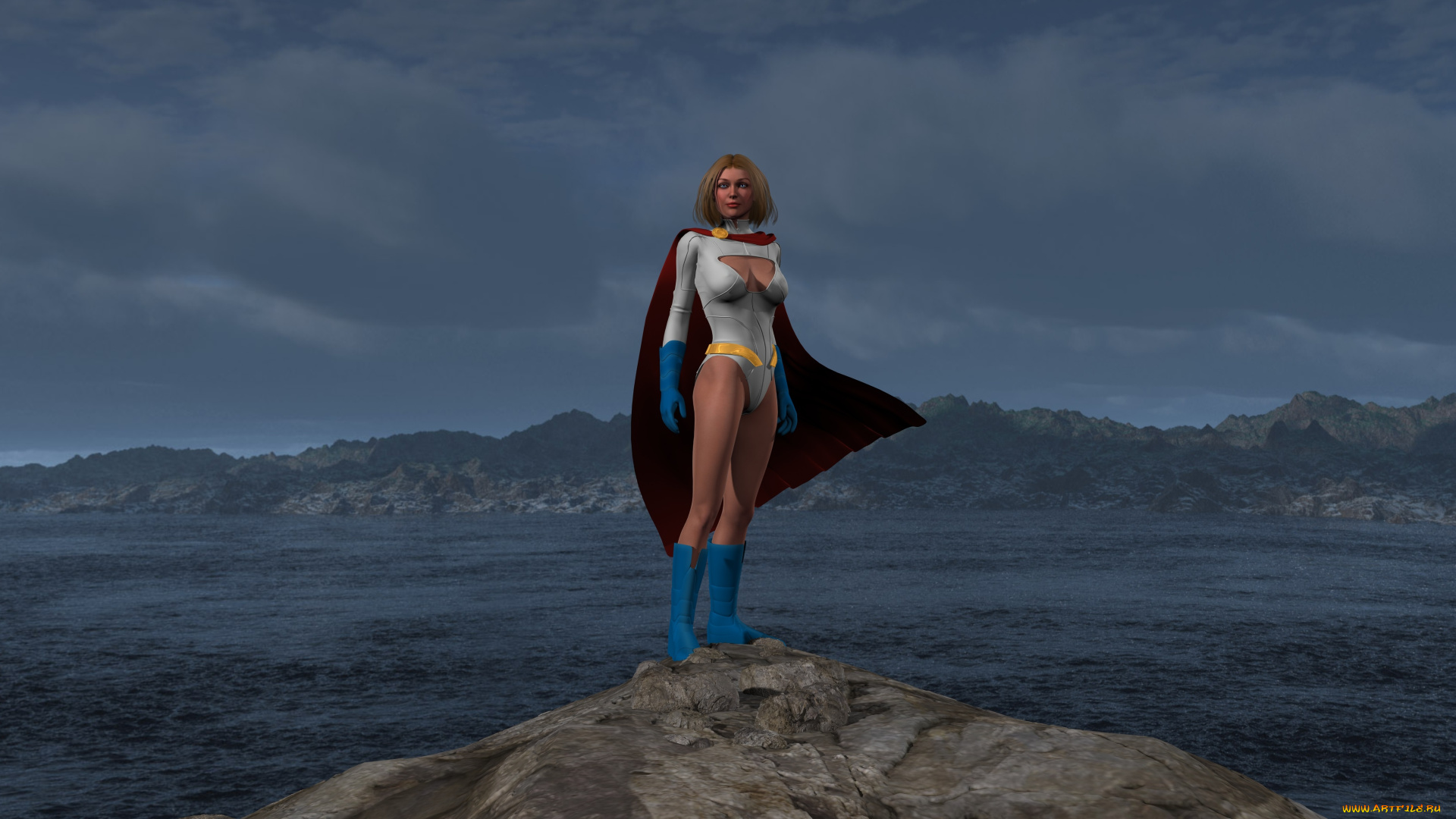 supergirl, 3д, графика, фантазия, , fantasy, взгляд, супермен, девушка, озеро, накидка, горы