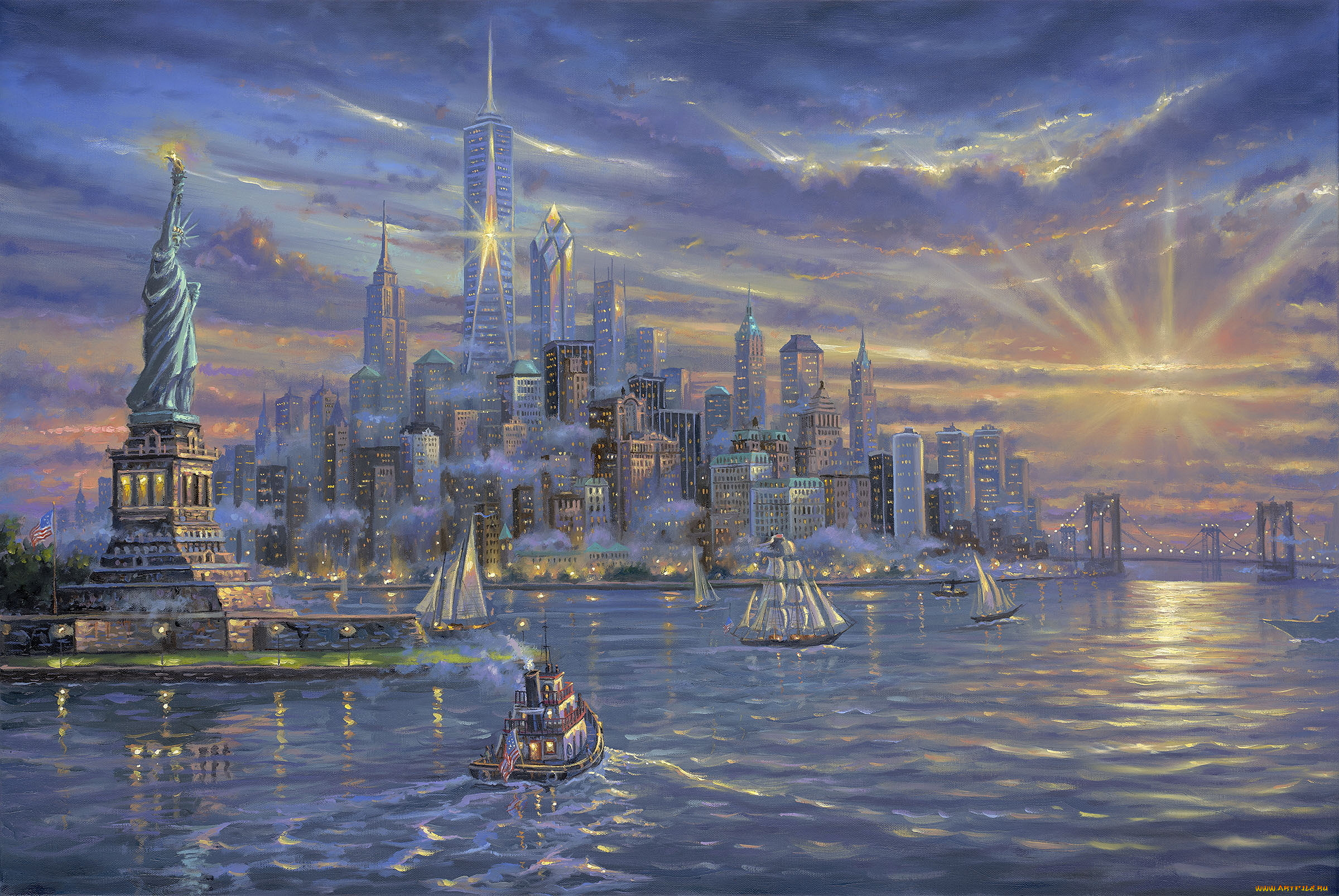 рисованное, живопись, здания, нью-йорк, статуя, свободы, небоскрёбы, корабли, парусники, new, york, freedom, tower, robert, finale, море, яхты, залив, облака, небо, закат, вечер