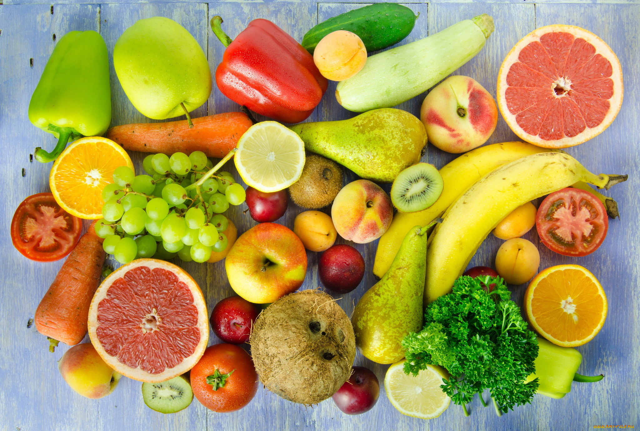 еда, фрукты, и, овощи, вместе, овощи, фрукты, огурец, морковь, кабачок, грейпфрут, виноград, яблоко, бананы