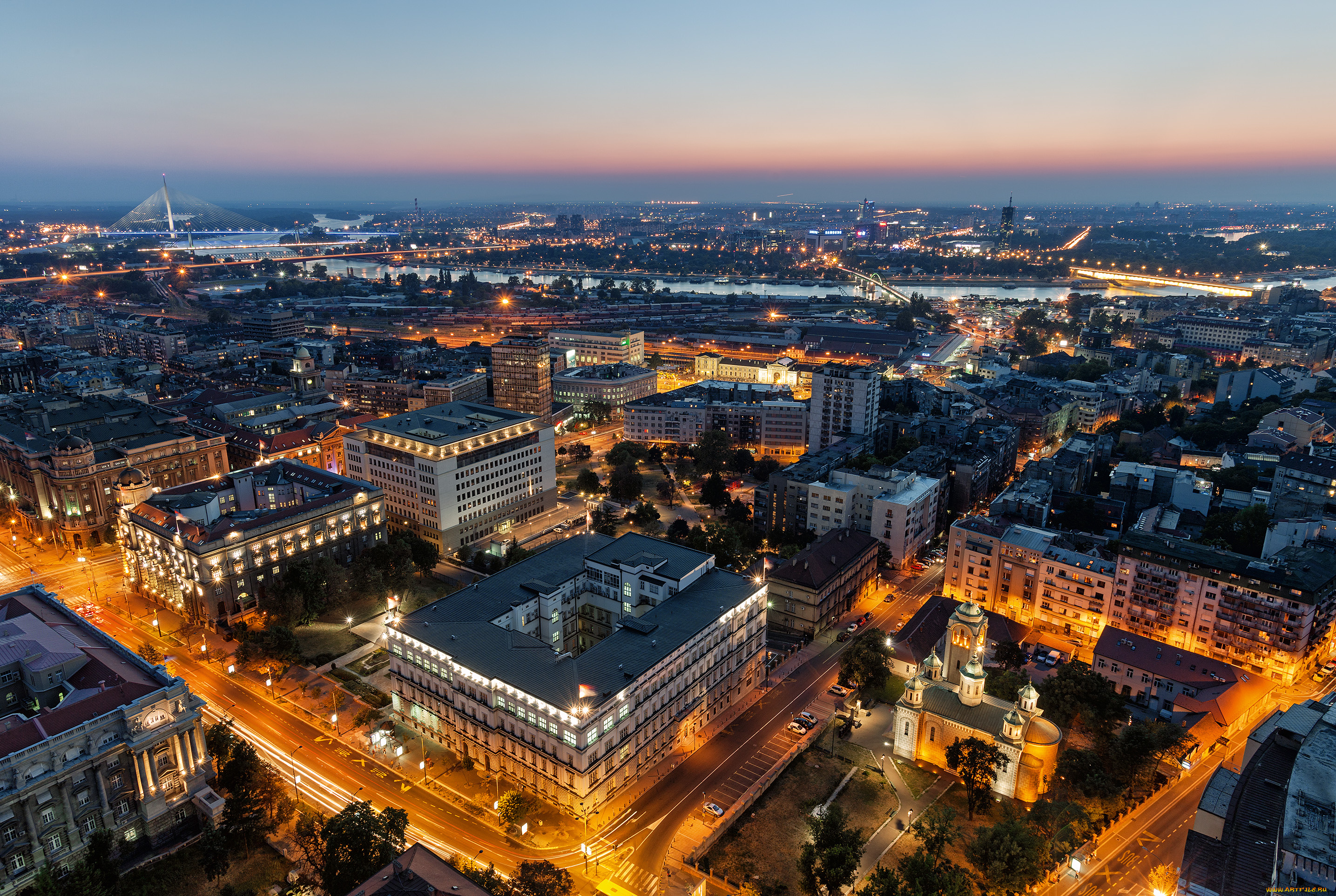 города, белград, , сербия, панорама, столицы, белград, освещение, ночное, закат, вечер, улица