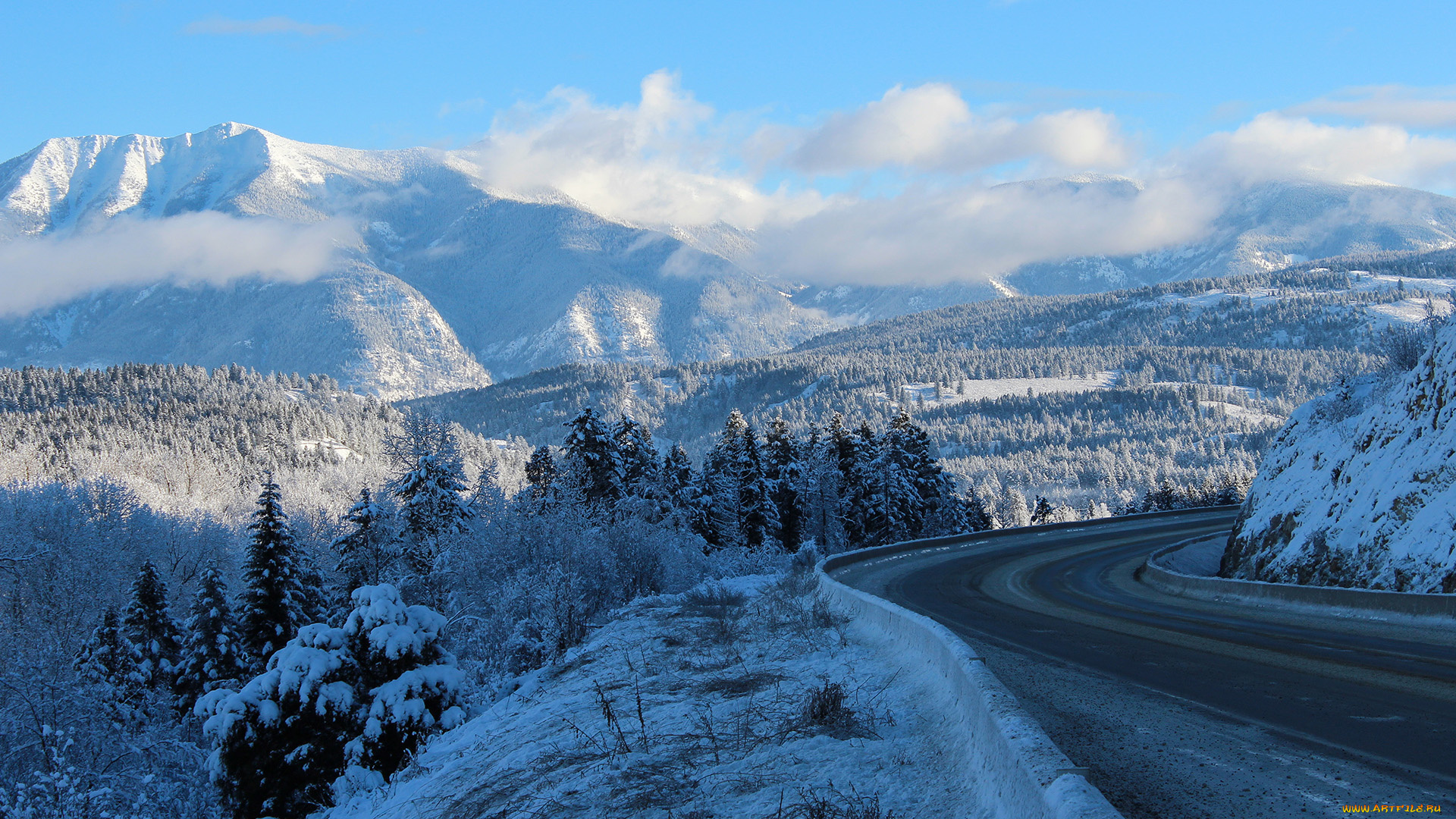 alberta, canada, природа, зима, альберта, небо, облака, заснеженные, горы, ель, канада, пейзаж, дорога