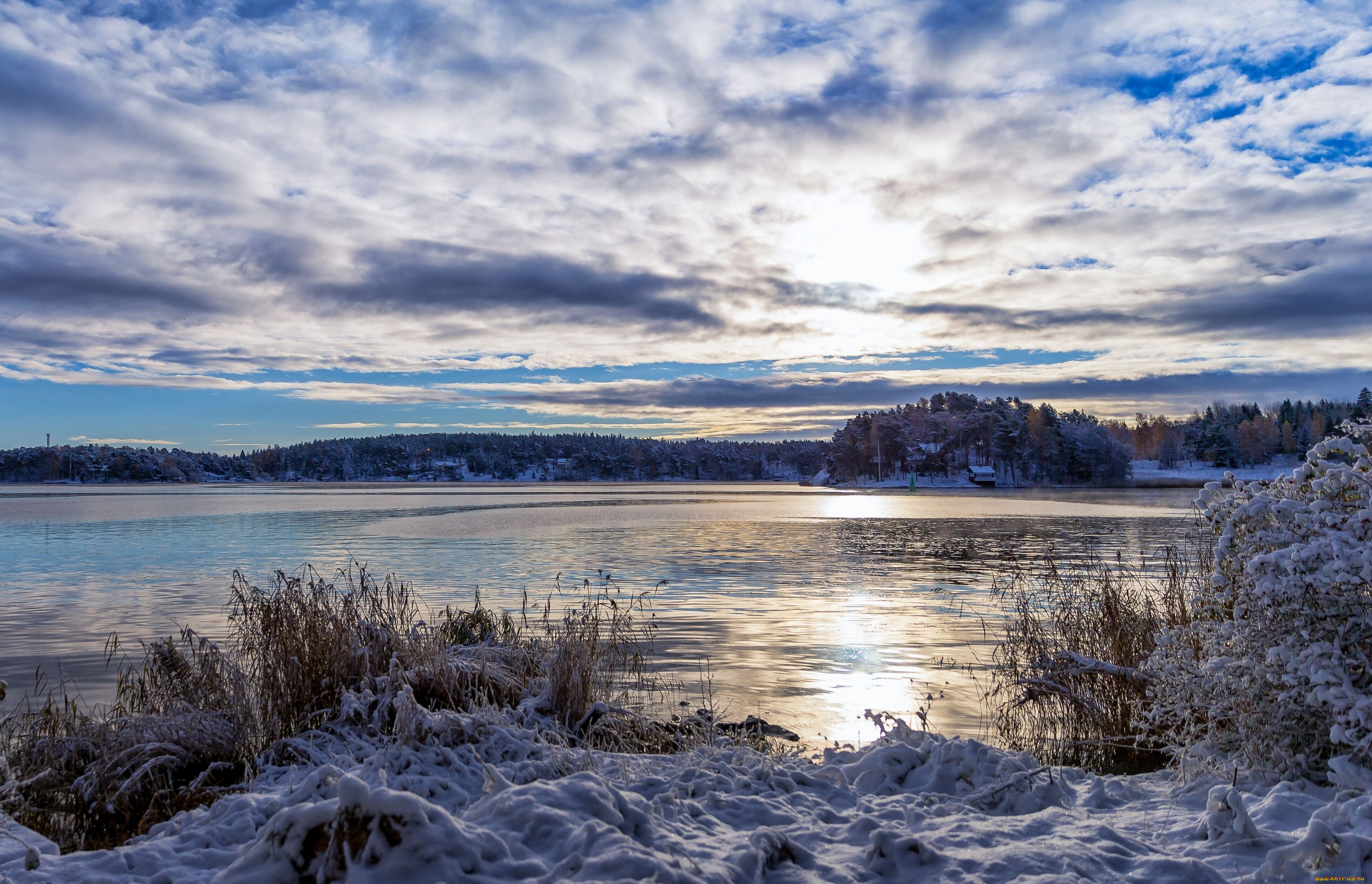 природа, побережье, зима, снег, балтийское, море, финляндия, облака