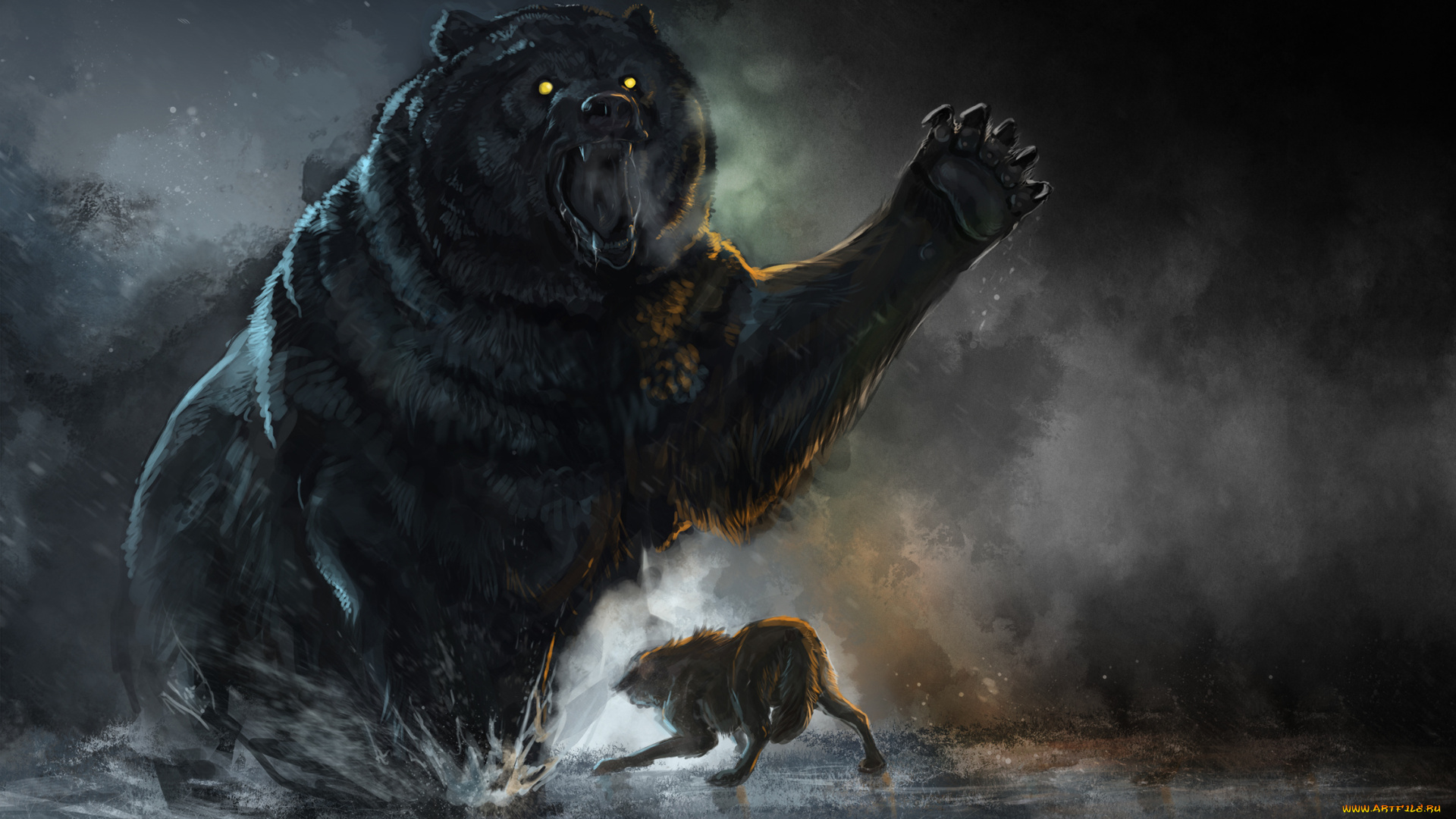 медведь, фэнтези, существа, bear, сражение, волк