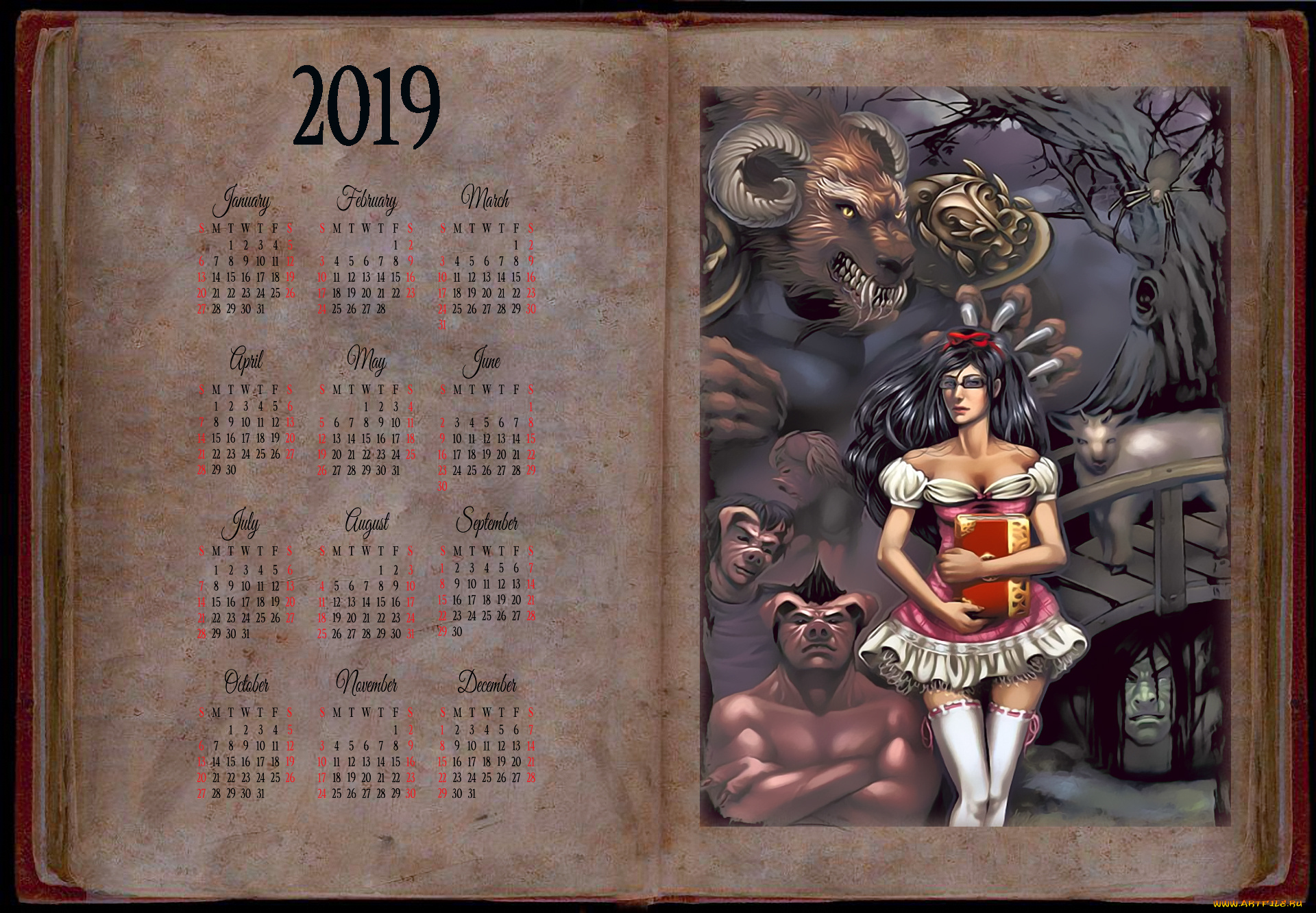 календари, фэнтези, девушка, существо, рога