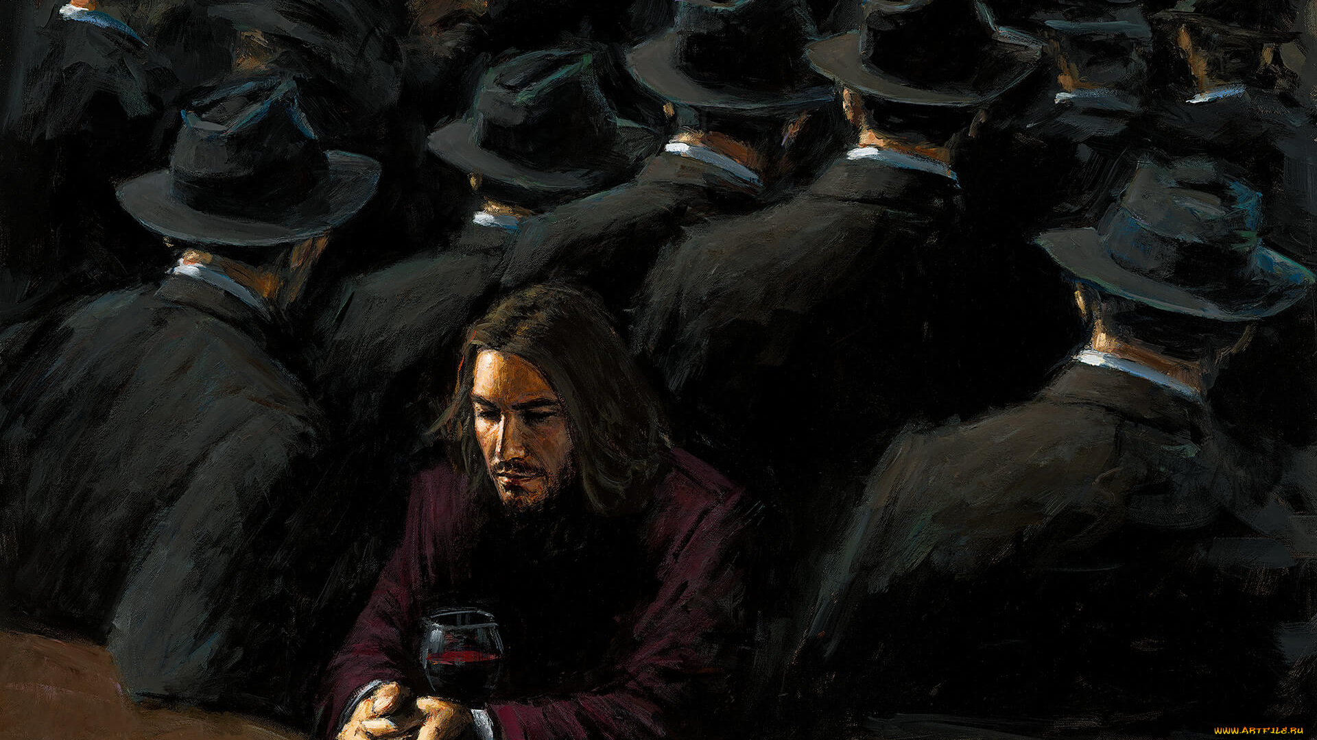 рисованное, fabian, perez, люди, шляпы, бокал, мужчина