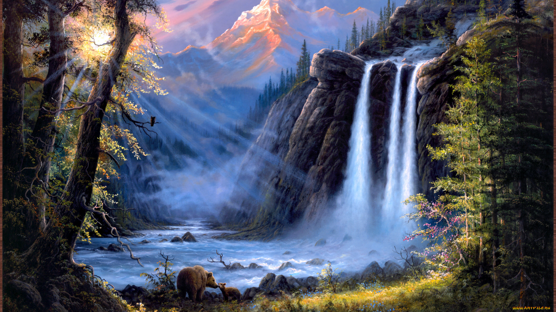 jesse, barnes, beneath, the, falls, рисованные, пейзаж, арт, река, горы, лес, медведи, водопад