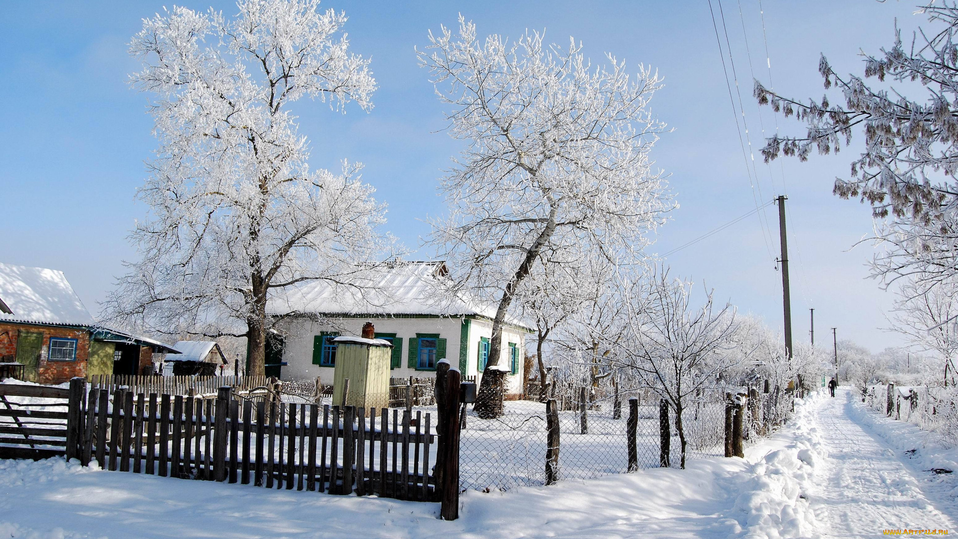природа, зима, деревья, ворота, дорога, снег, дом