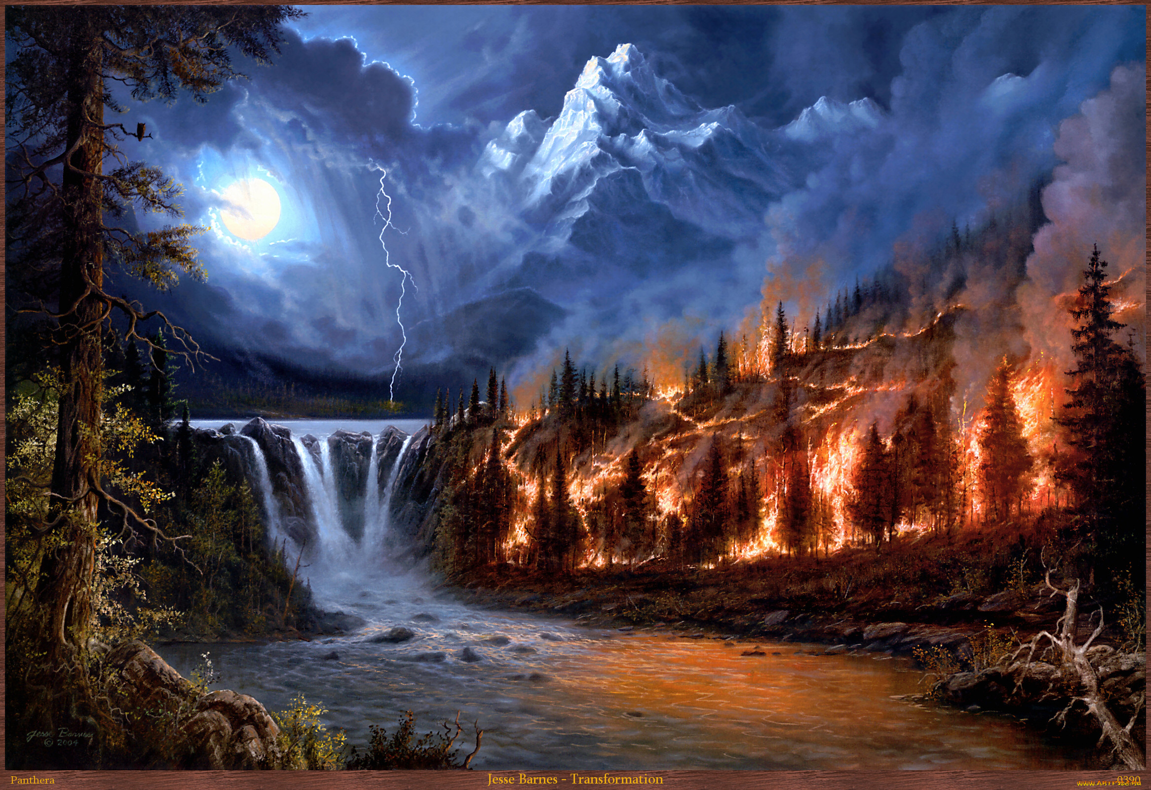 jesse, barnes, transformation, рисованные, водопад, пейзаж, река, стихия, молния, пожар, в, лесу, огонь, лес, арт