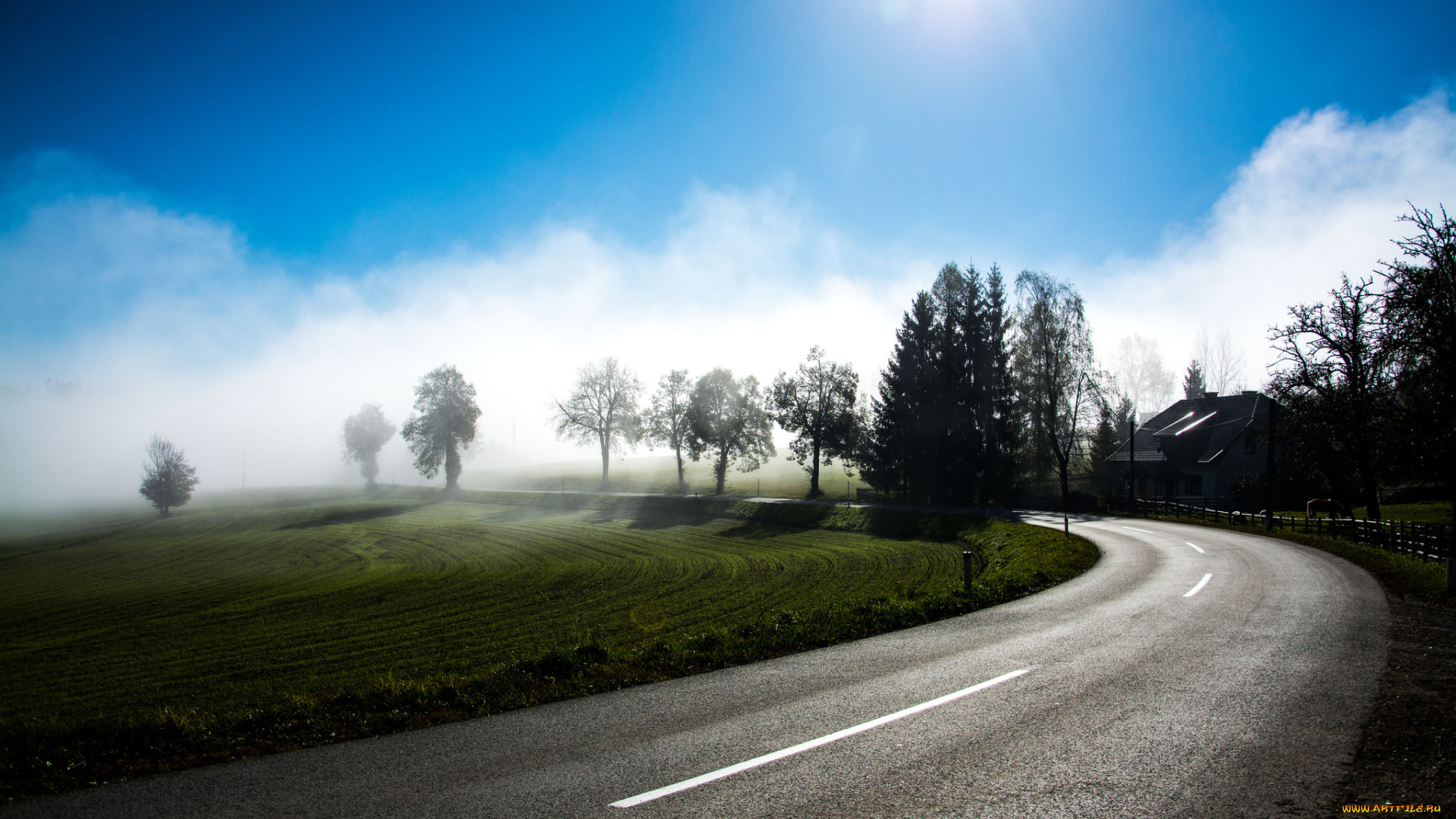 природа, дороги, дорога, рассвет, небо, curve, туман, солнце, деревья, утро, road, to, nowhere, austria