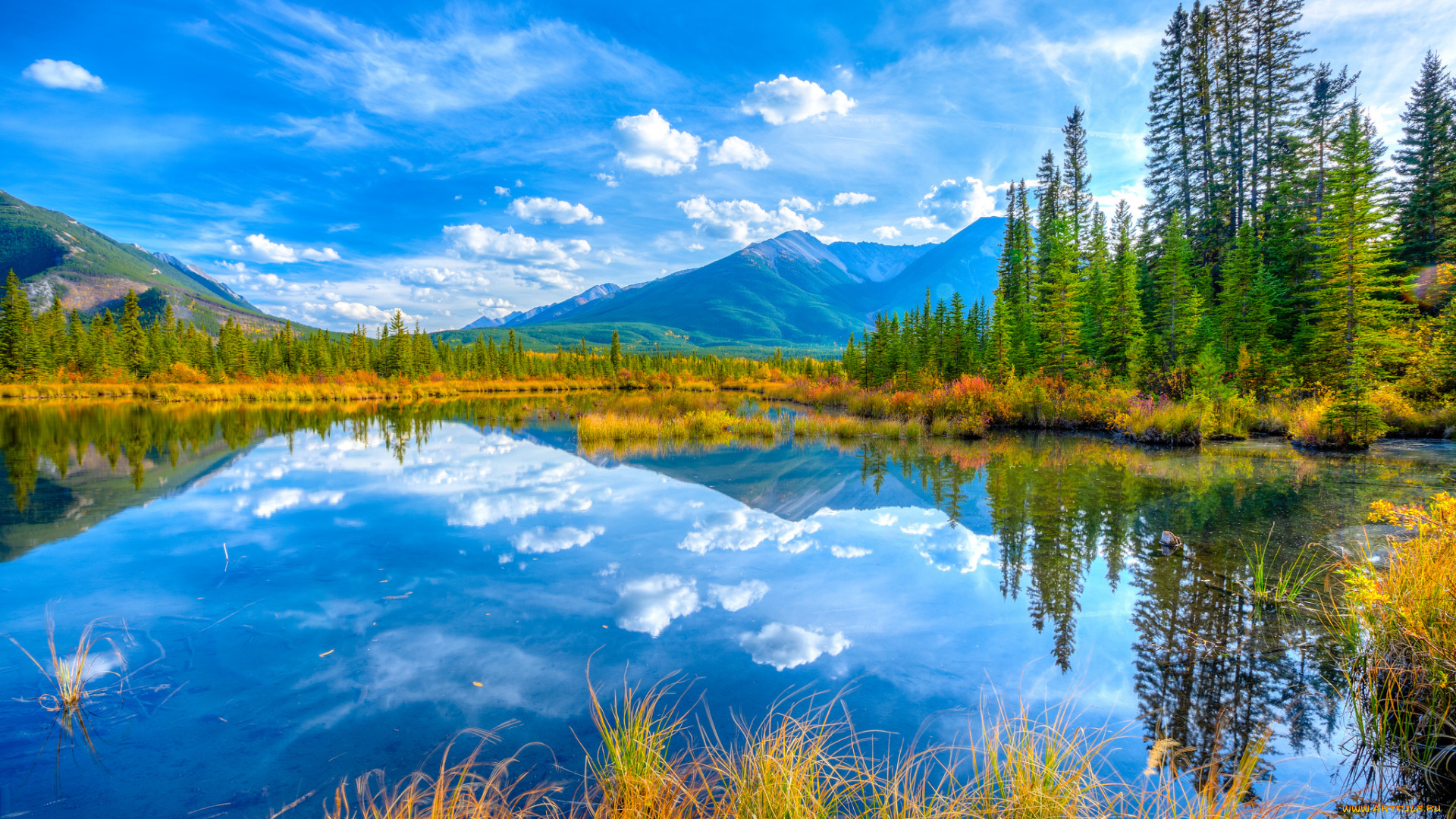 природа, реки, озера, осень, небо, деревья, озеро, горы, канада, альберта, banff, national, park, minnewanka, lake