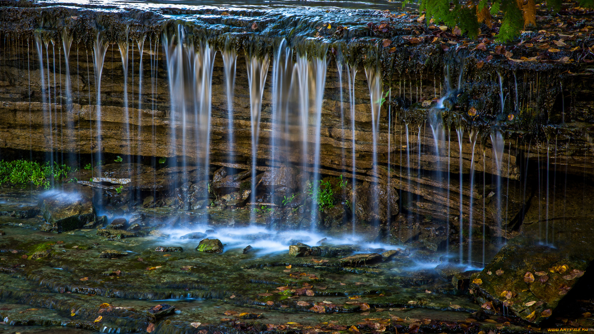 природа, водопады, поток, ручей, камни, осень, листья