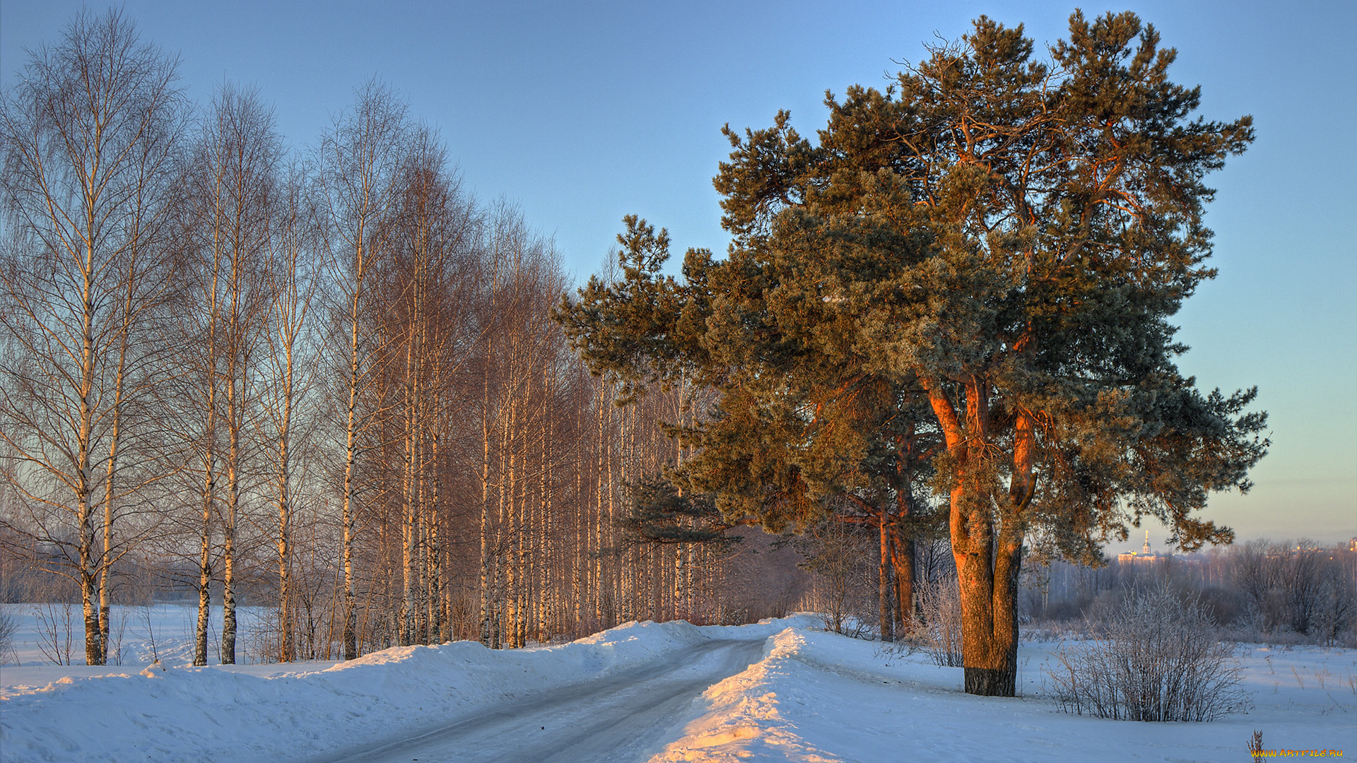 природа, зима, снег, деревья, тракт, сугробы