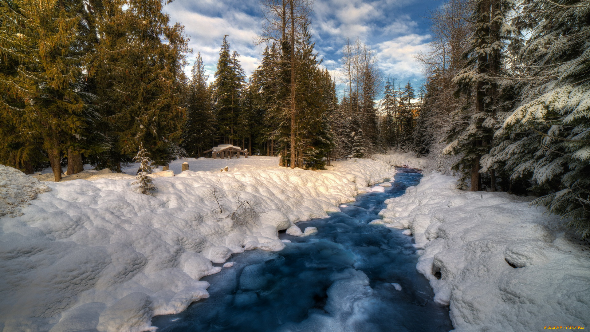природа, зима, снег, лес, река