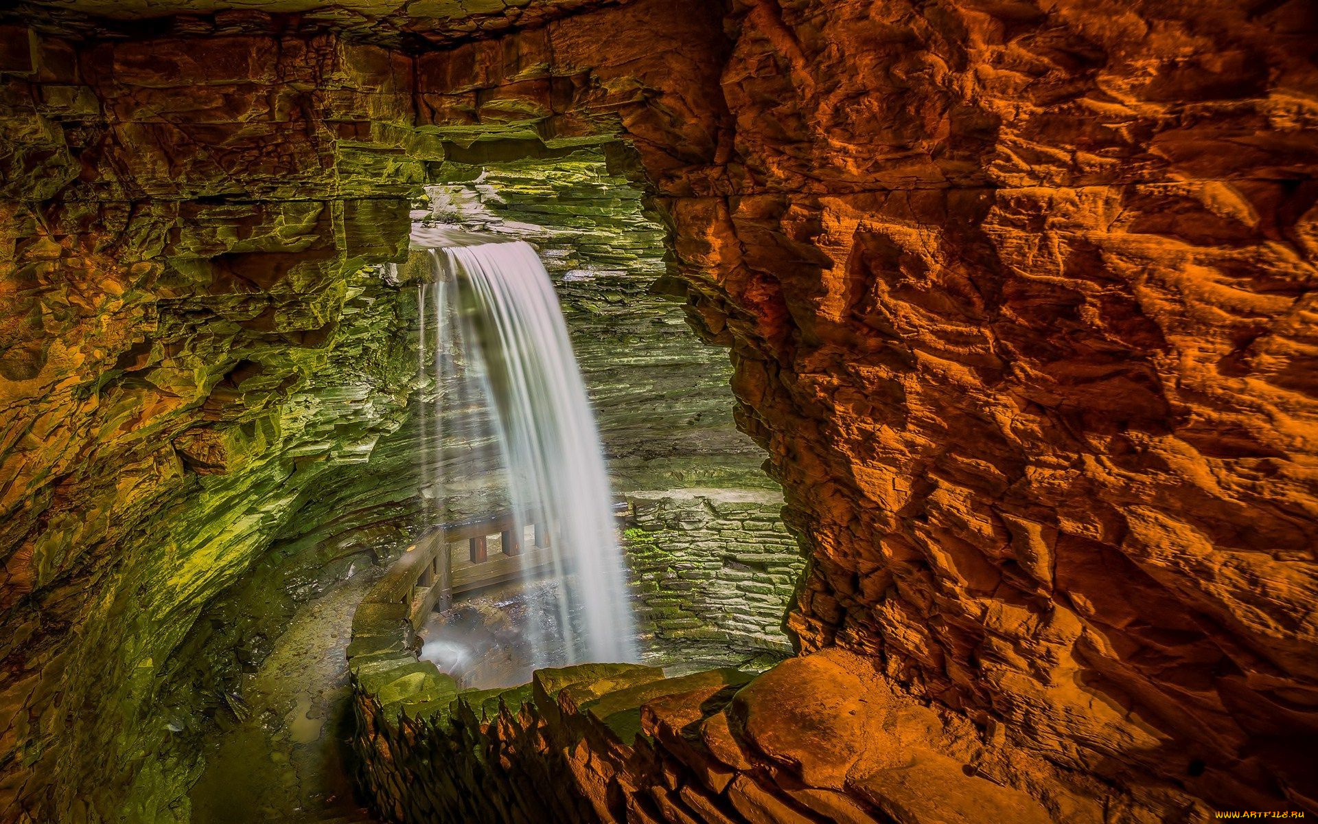 природа, водопады, скала, пещера, поток