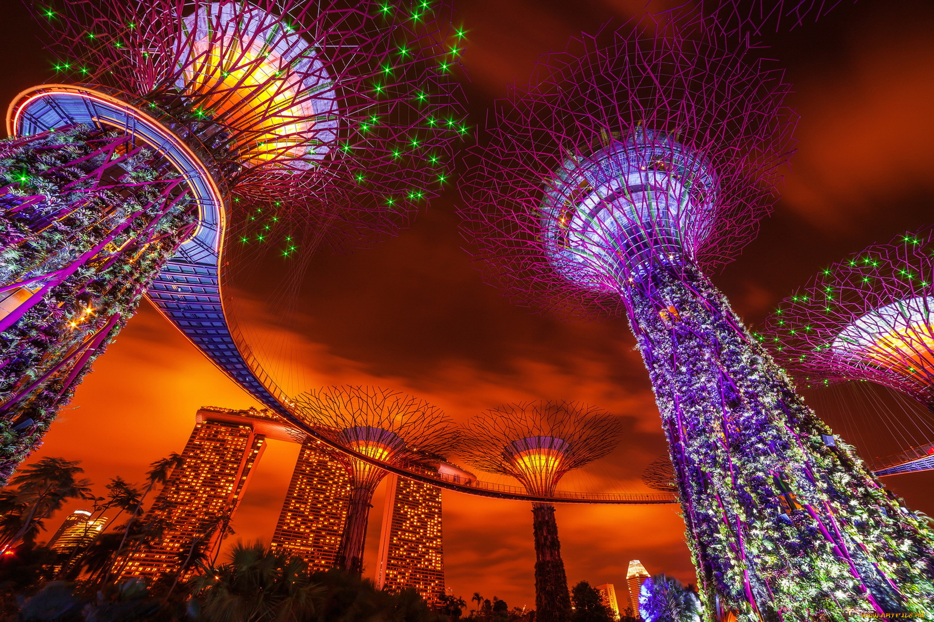 города, сингапур, , сингапур, ночь, singapore, cloud, city, gardens, by, the, bay, огни