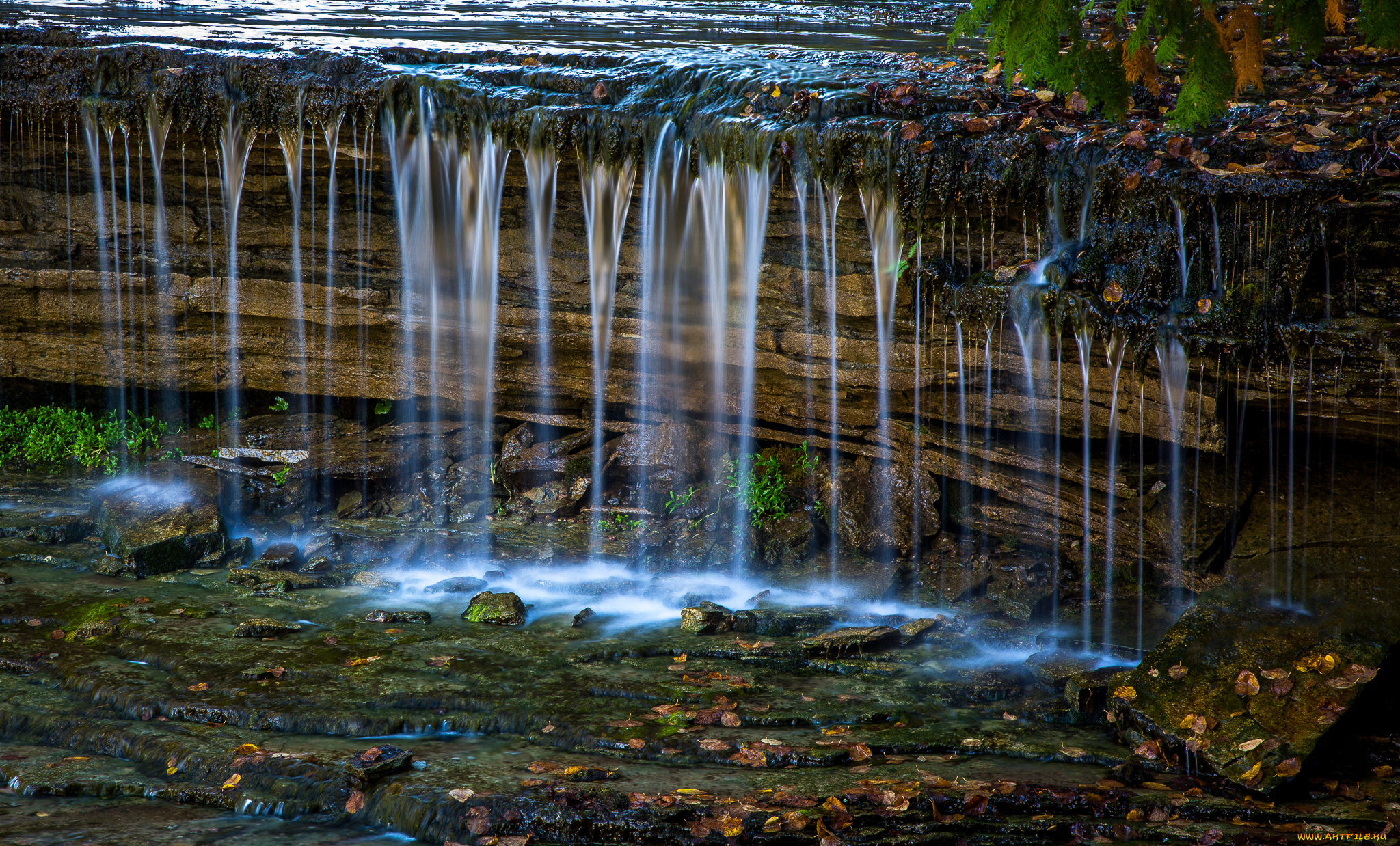 природа, водопады, поток, ручей, камни, осень, листья