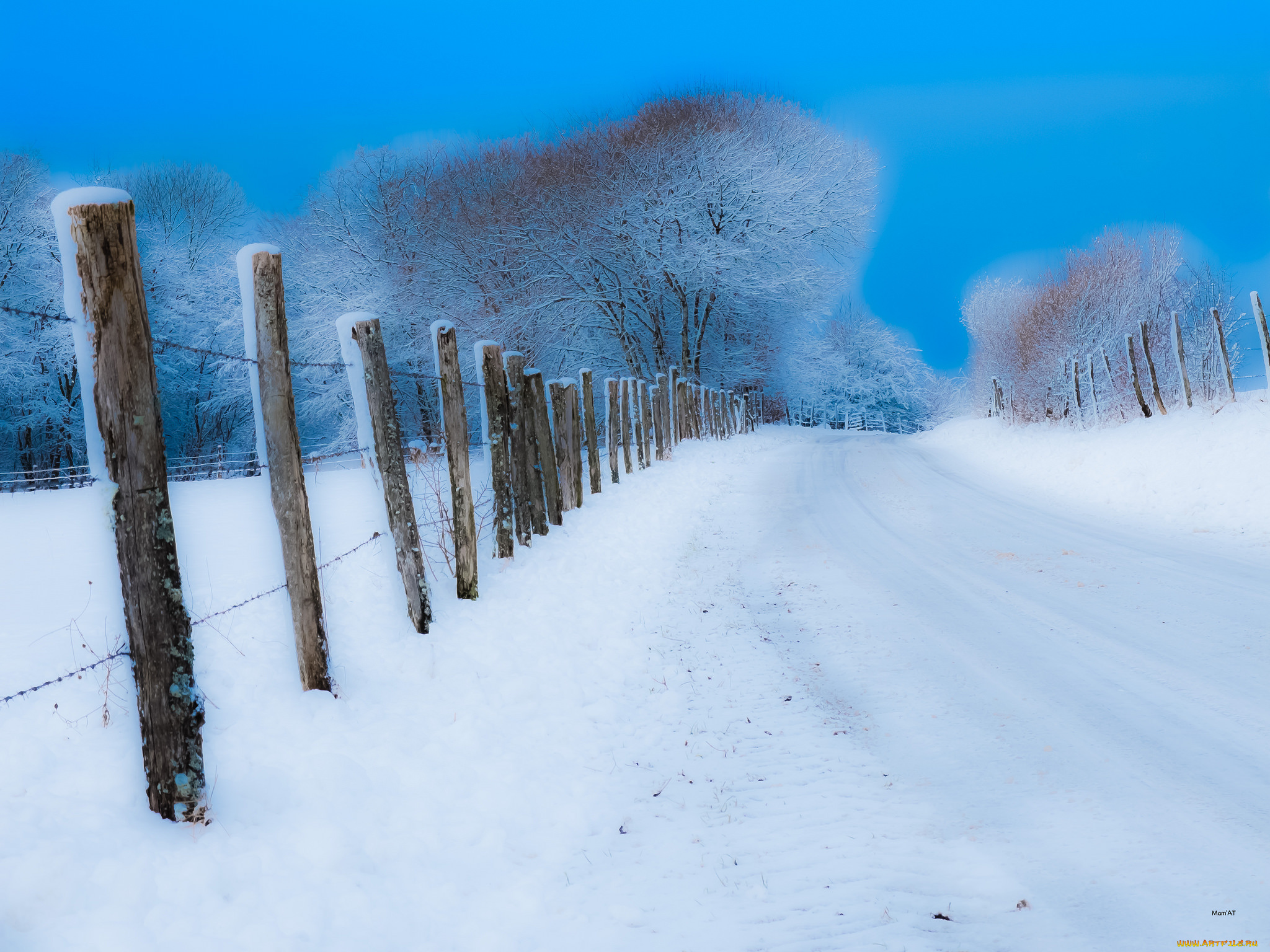 природа, зима, дорога, забор, снег
