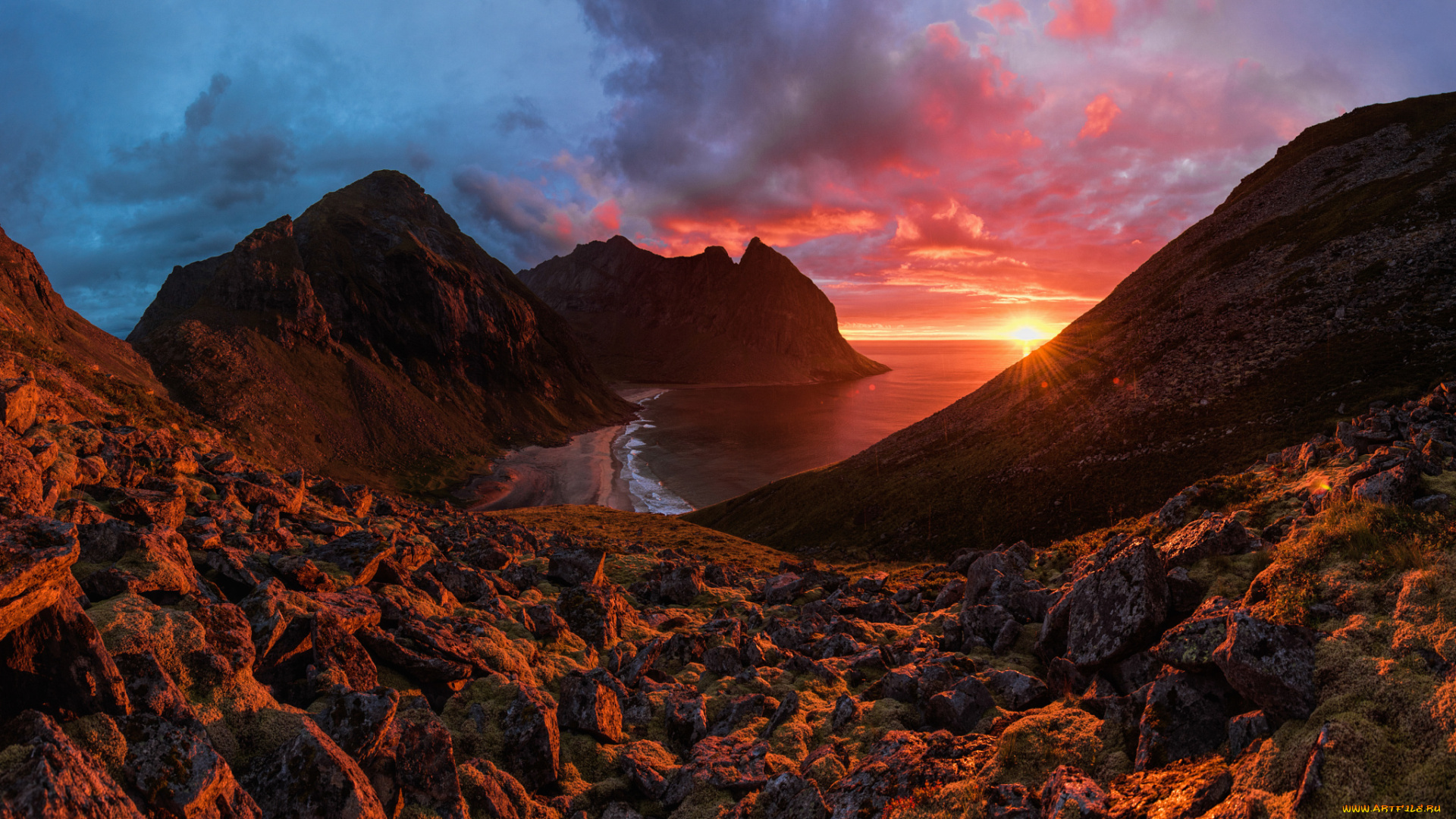 природа, восходы, закаты, sunset, sea, sun, norway, landscapes, stones, rain, sky, clouds, landscape, red, northern, mountains