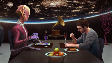 Картинка фэнтези иные+миры +иные+времена мужчина фон существо обед стол фужер планета патефон