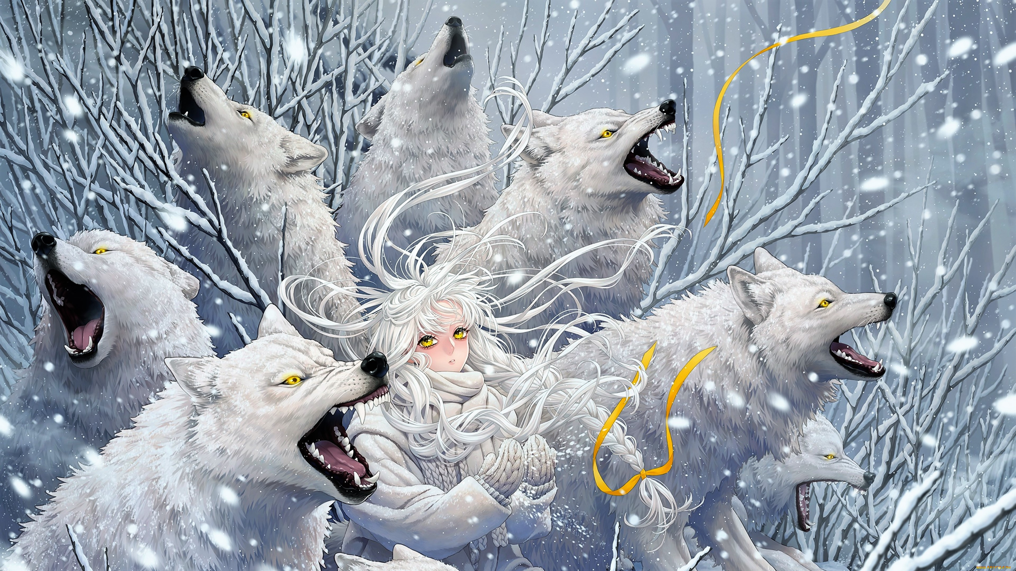 аниме, животные, , существа, девушка, волки, вой, снег, зима, кусты