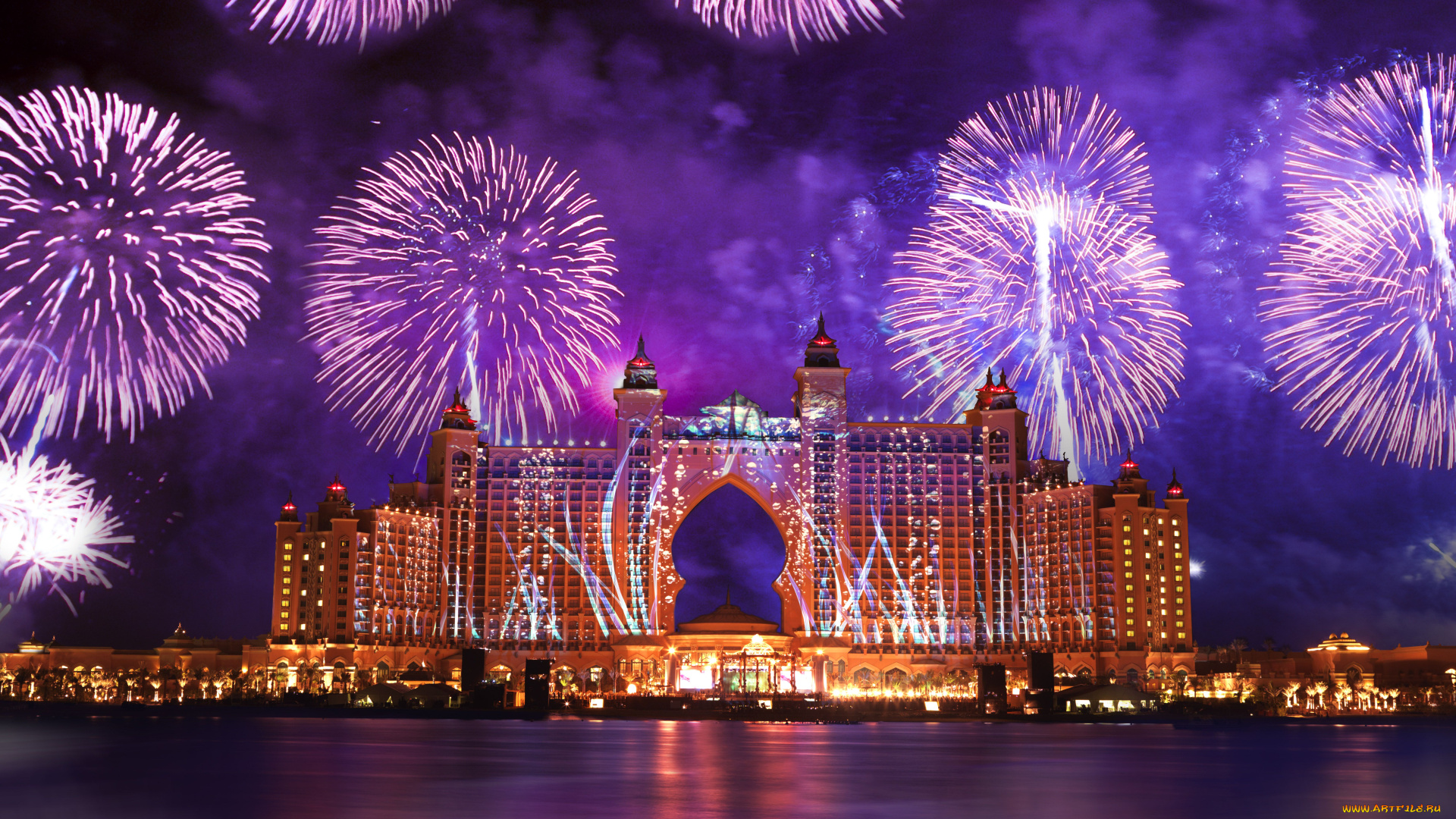 atlantis, the, palm, города, дубаи, оаэ, здание, hotel, отель, фейерверк, dubai