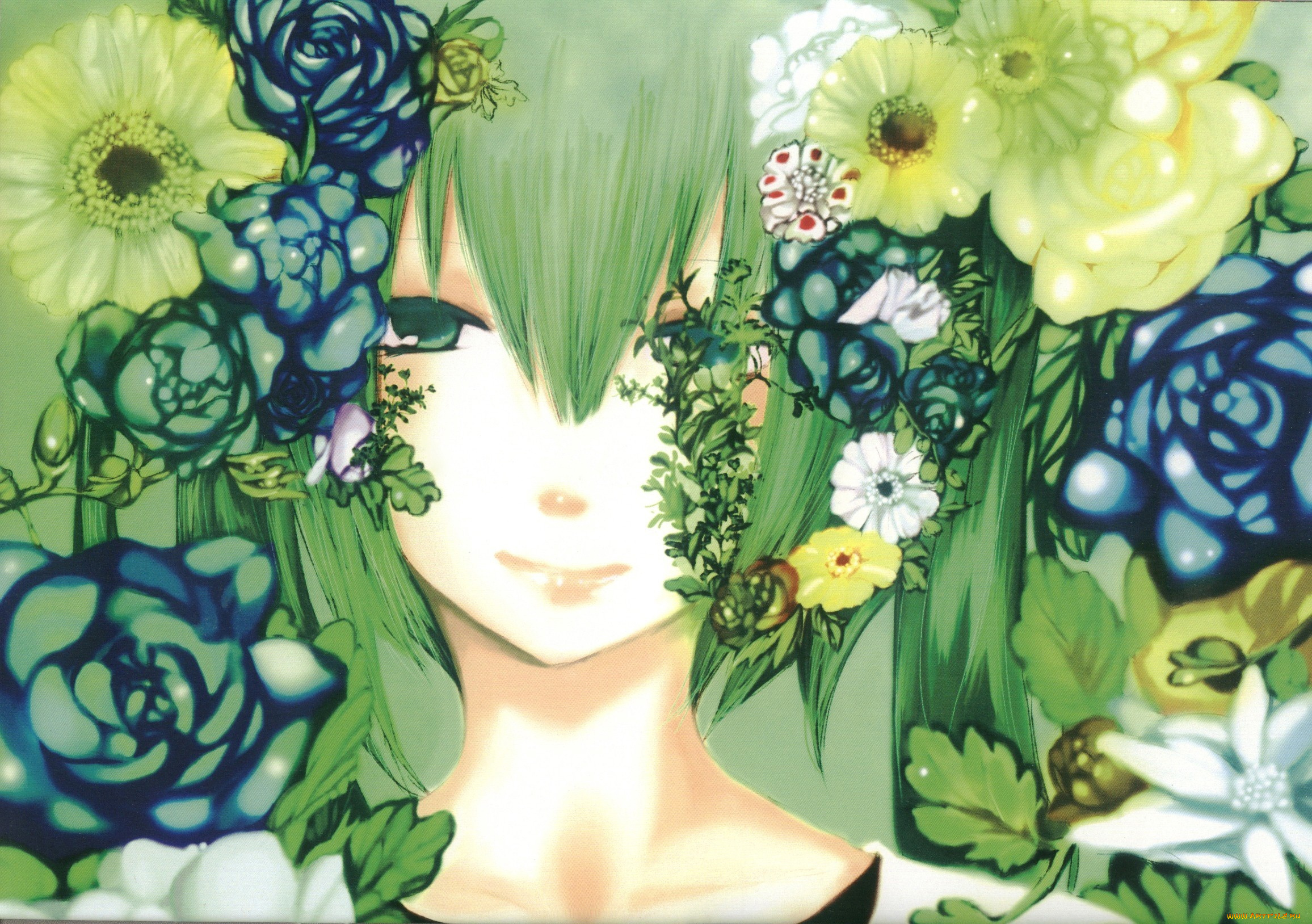 аниме, vocaloid, девушка, цветы, вокалоид