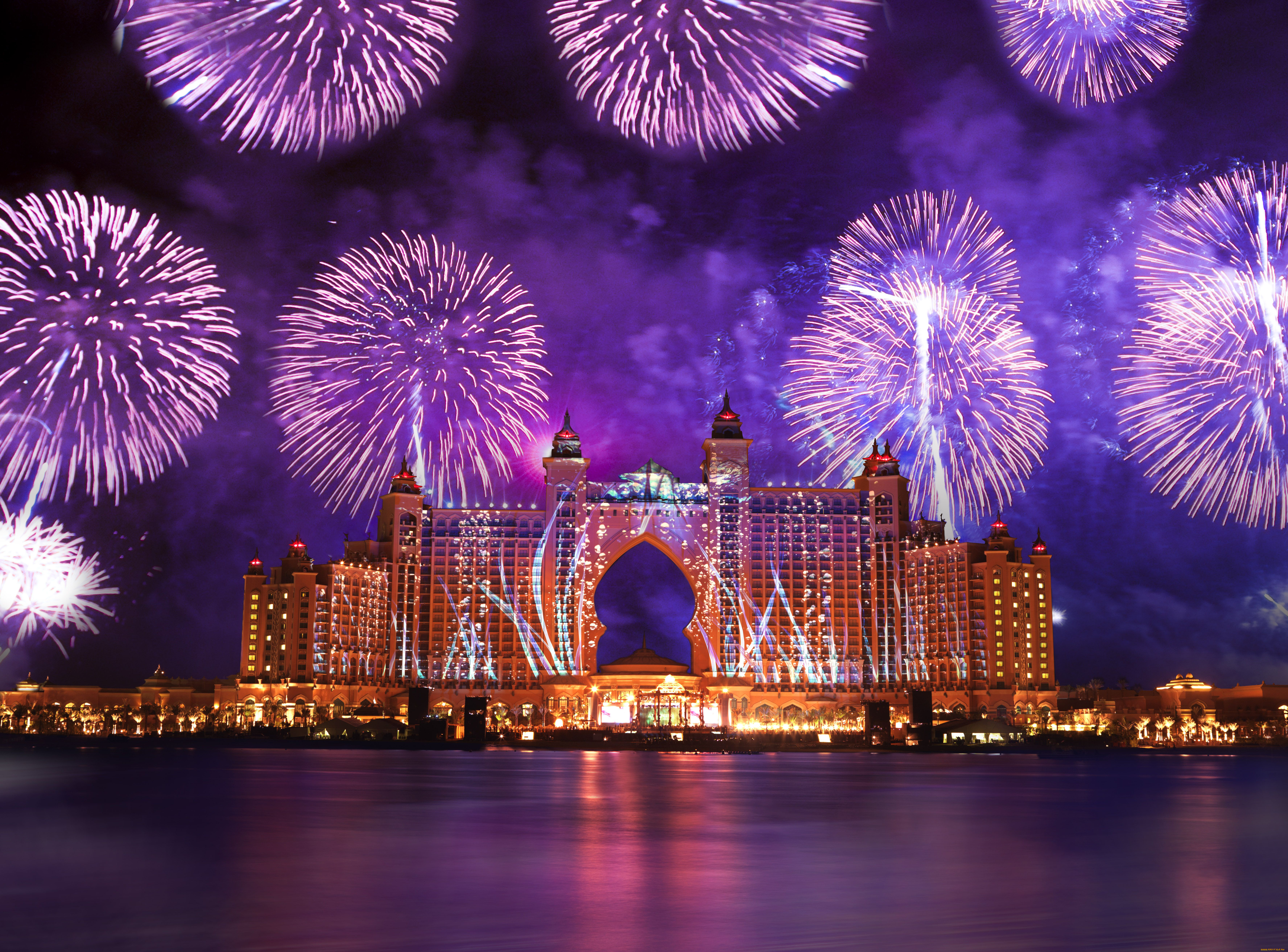 atlantis, the, palm, города, дубаи, оаэ, здание, hotel, отель, фейерверк, dubai