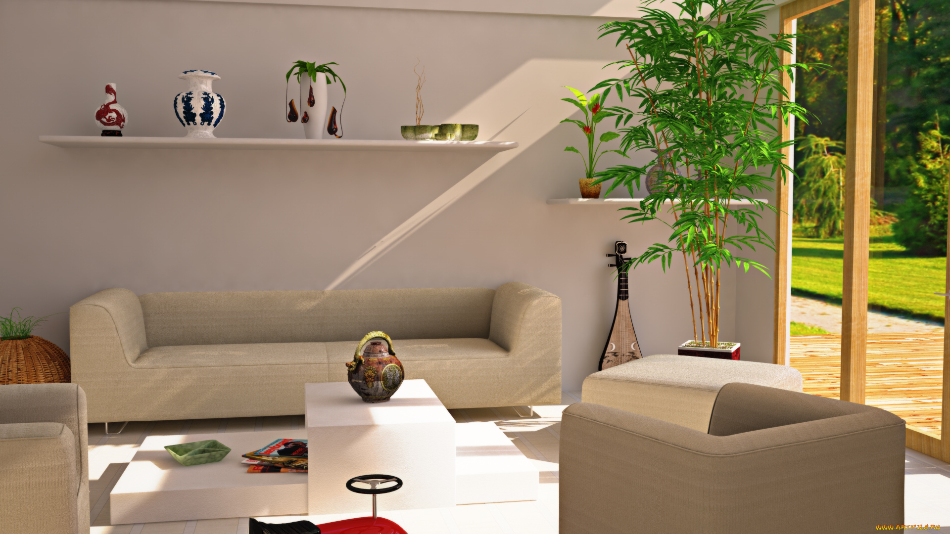 3д, графика, realism, , реализм, растение, вазы, кресла, диван