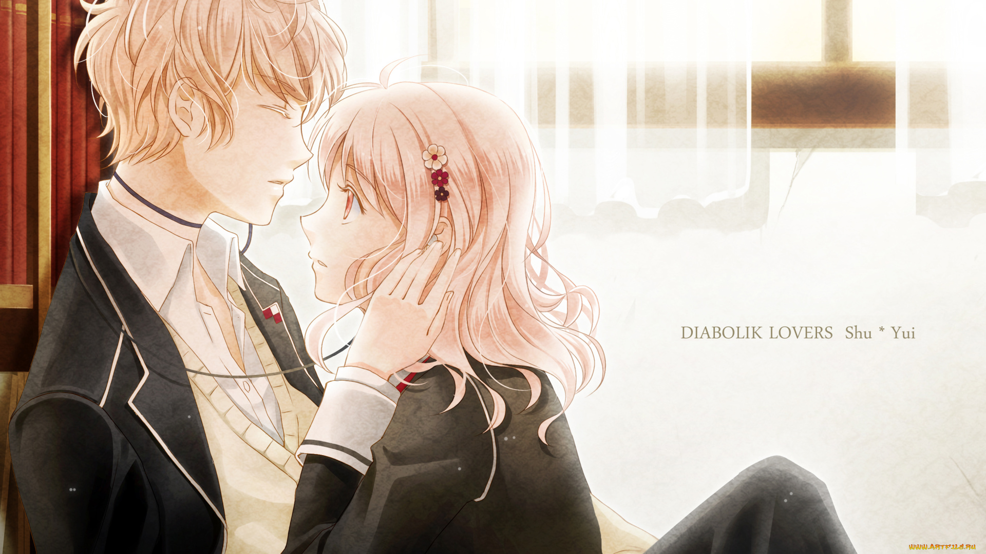 аниме, diabolik, lovers, shuu, sakamaki, komori, yui, девушка, парень, провода, наушники, школьники, форма