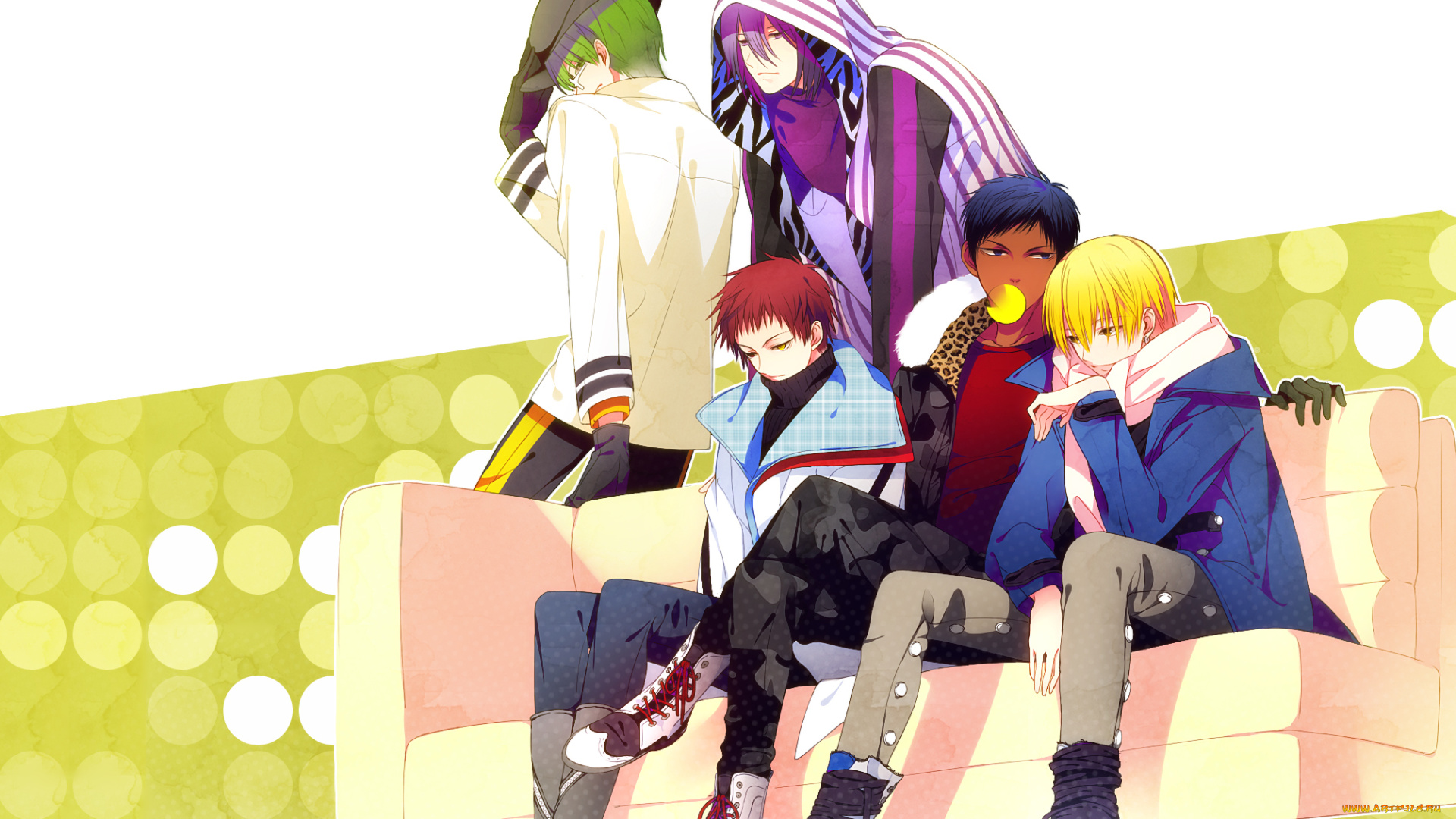 аниме, kuroko, no, baske, akashi, seijuurou, парни, murasakibara, atsushi, midorima, shintarou, kise, ryouta, aomine, daiki, диван, капюшон, жвачка