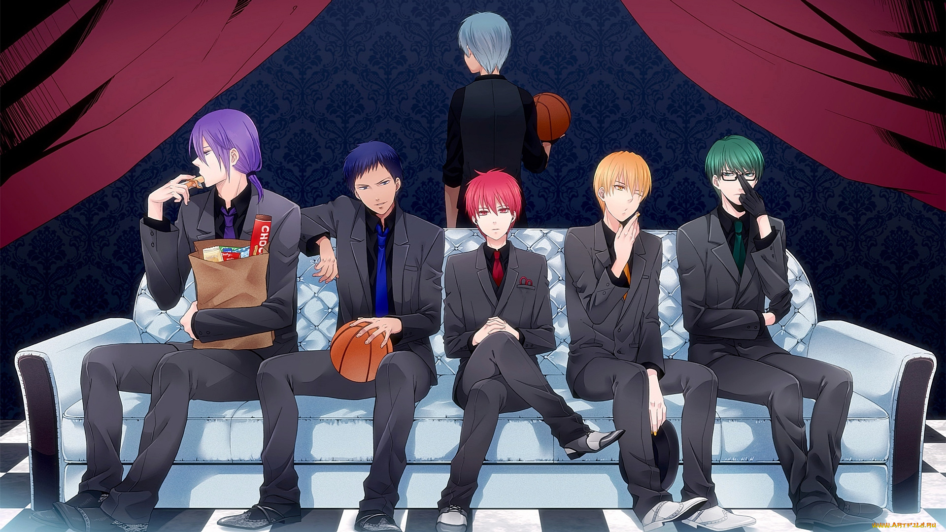 аниме, kuroko, no, baske, мяч, akashi, seijuurou, murasakibara, atsushi, перчатки, парни, галстук, midorima, shintarou, kuroko, tetsuya, костюм, aomine, daiki, kise, ryouta, диван