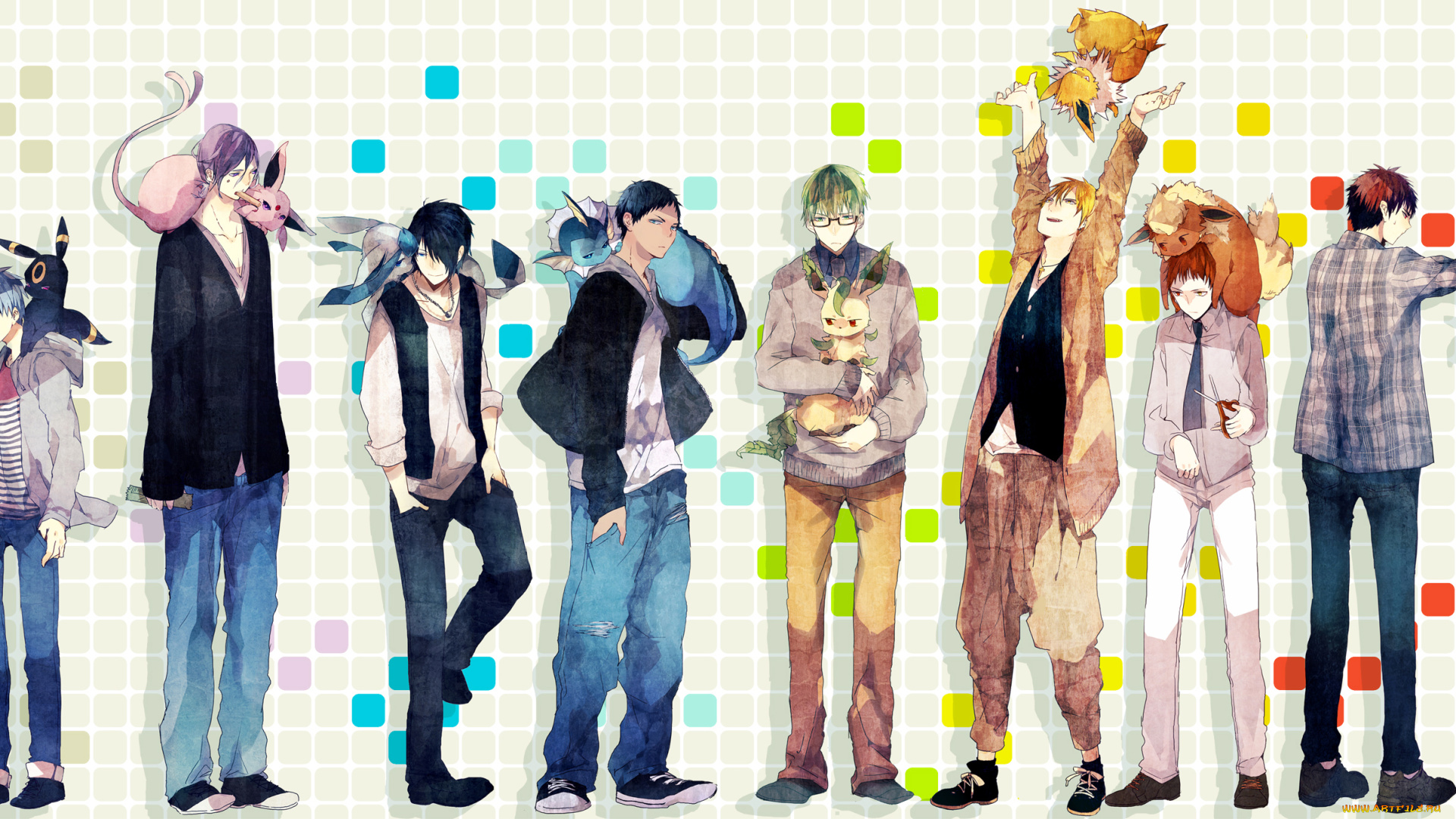 аниме, *unknown, , другое, кулон, рубашка, akashi, seijuurou, murasakibara, atsushi, aomine, daiki, kise, ryouta, midorima, shintarou, kuroko, tetsuya, галстук, свитер, джинсы, кеды, звери, парни