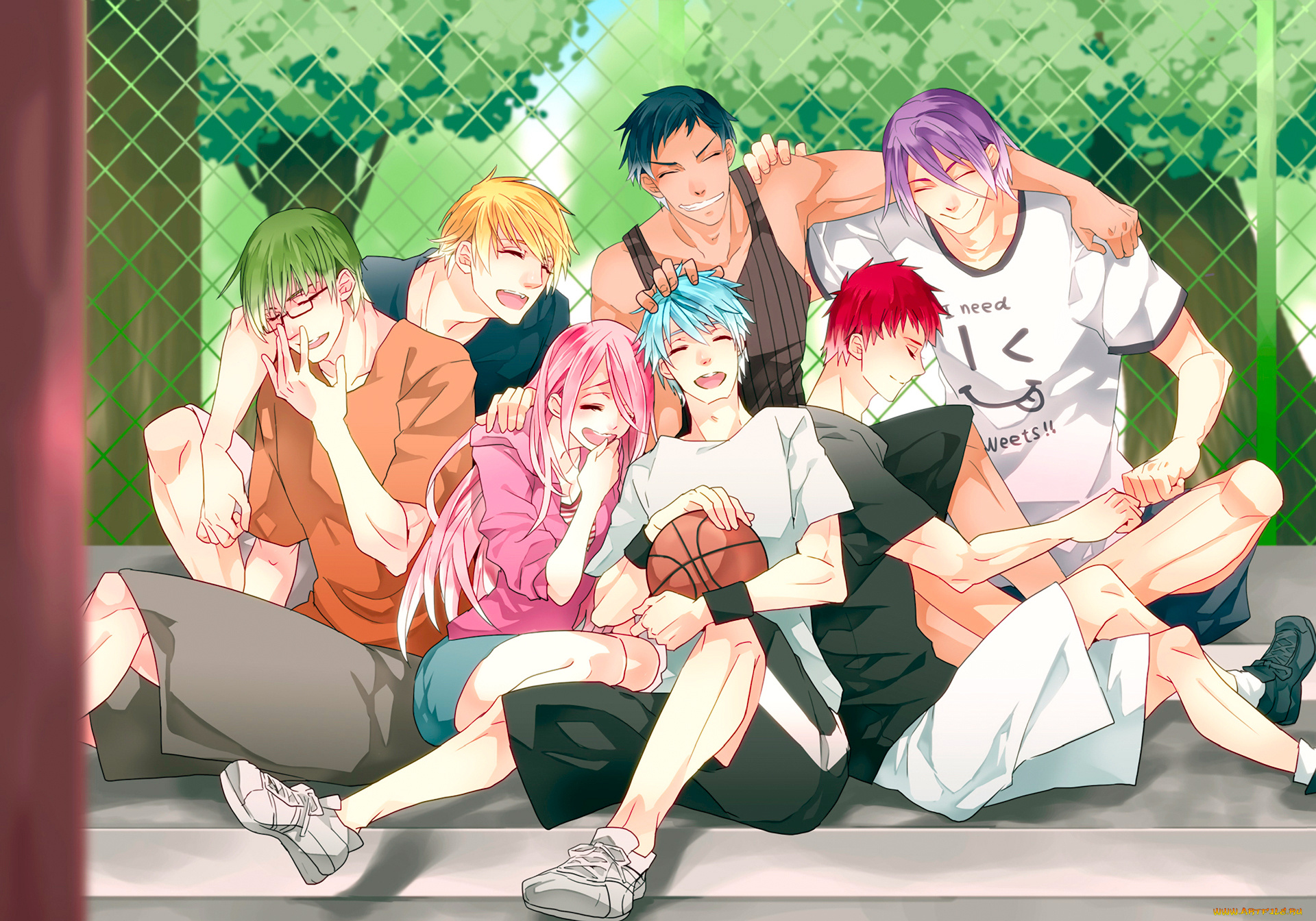 аниме, kuroko, no, baske, парни, мяч, murasakibara, atsushi, midorima, shintarou, akashi, seijuurou, улыбка, радость, kuroko, tetsuya, aomine, daiki, kise, ryouta, настроение, девушка, momoi, satsuki