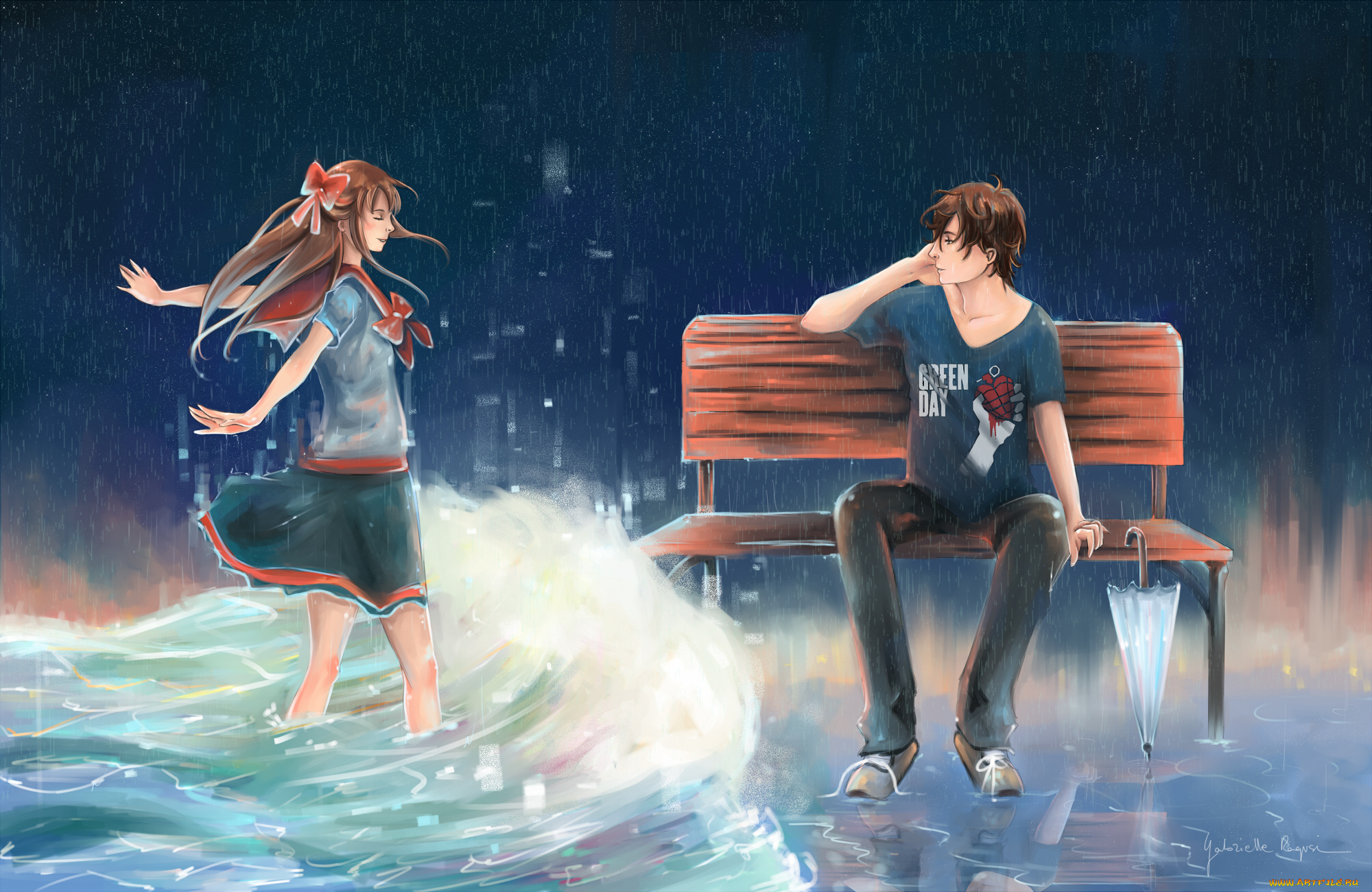 аниме, *unknown, , другое, волна, вода, девушка, парень, скамейка, зонтик, дождь